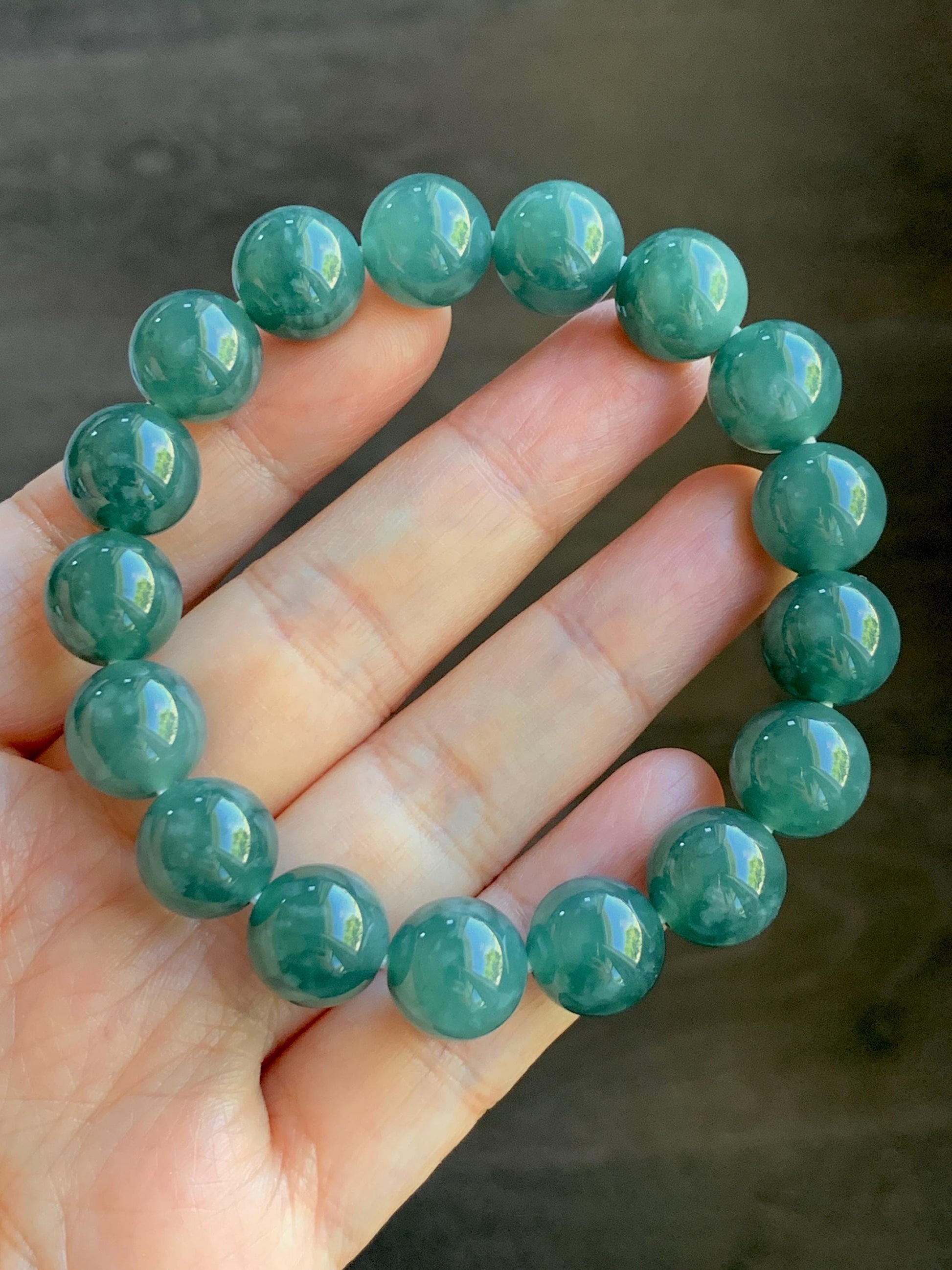Natural Grade A Guatemalan Icy Highly Translucent Teal Green Jade Jadeite Beaded Bracelet Stretchy 11.6mm 7.25” 47g 天然冰危蓝绿翡翠圆珠手串 WSLP180