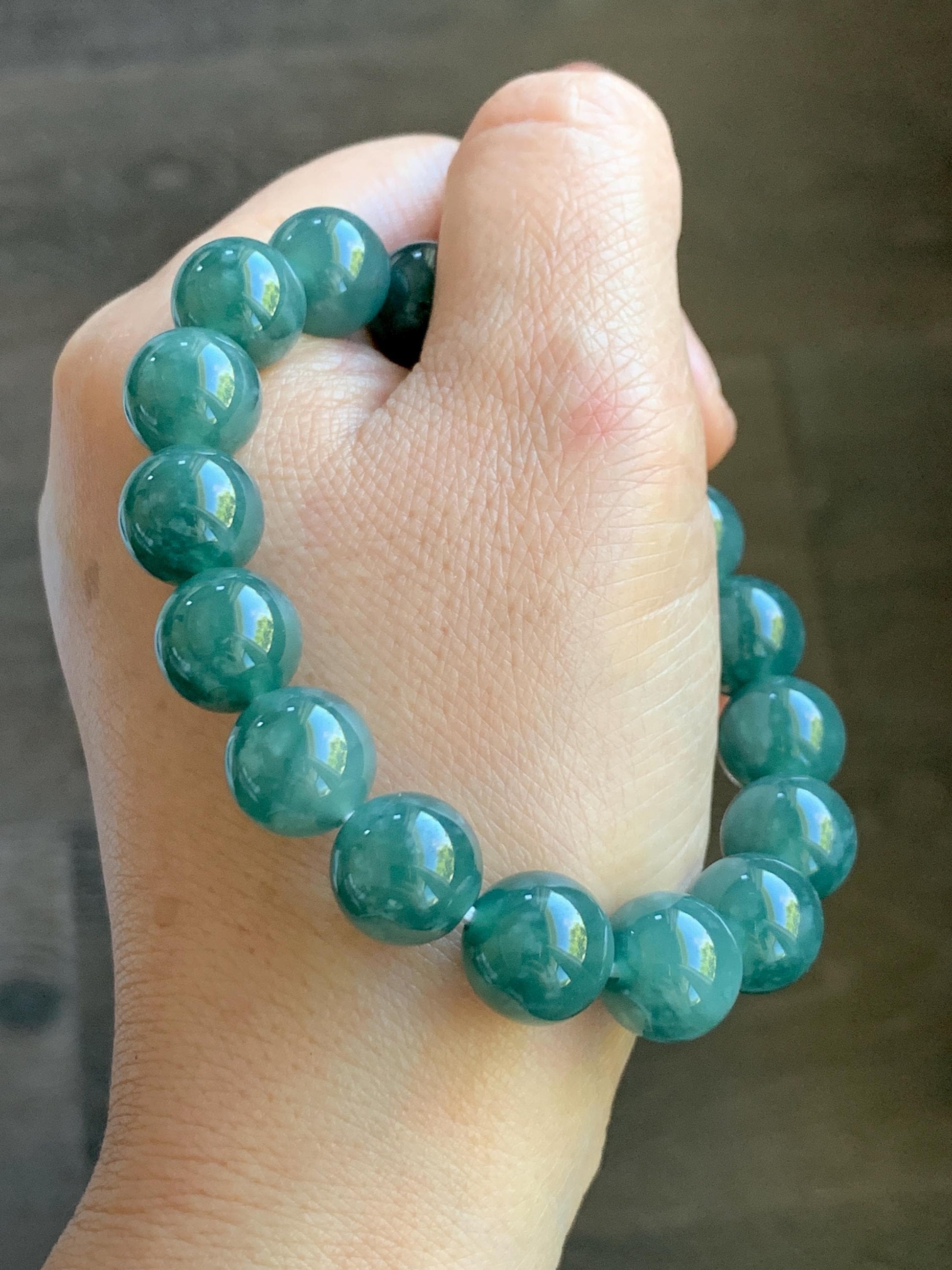 Natural Grade A Guatemalan Icy Highly Translucent Teal Green Jade Jadeite Beaded Bracelet Stretchy 11.6mm 7.25” 47g 天然冰危蓝绿翡翠圆珠手串 WSLP180