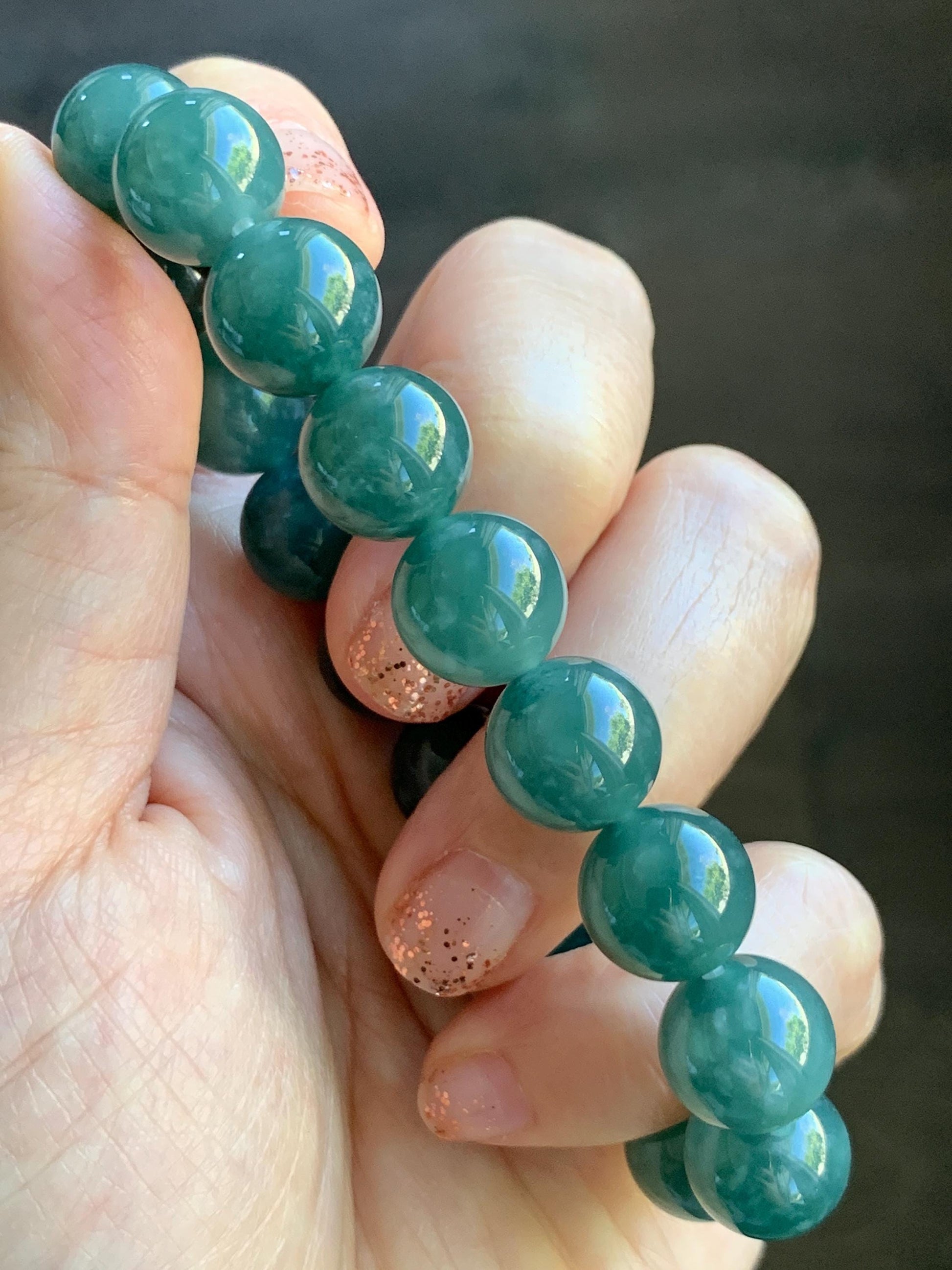 Natural Grade A Guatemalan Icy Highly Translucent Teal Green Jade Jadeite Beaded Bracelet Stretchy 11.6mm 7.25” 47g 天然冰危蓝绿翡翠圆珠手串 WSLP180