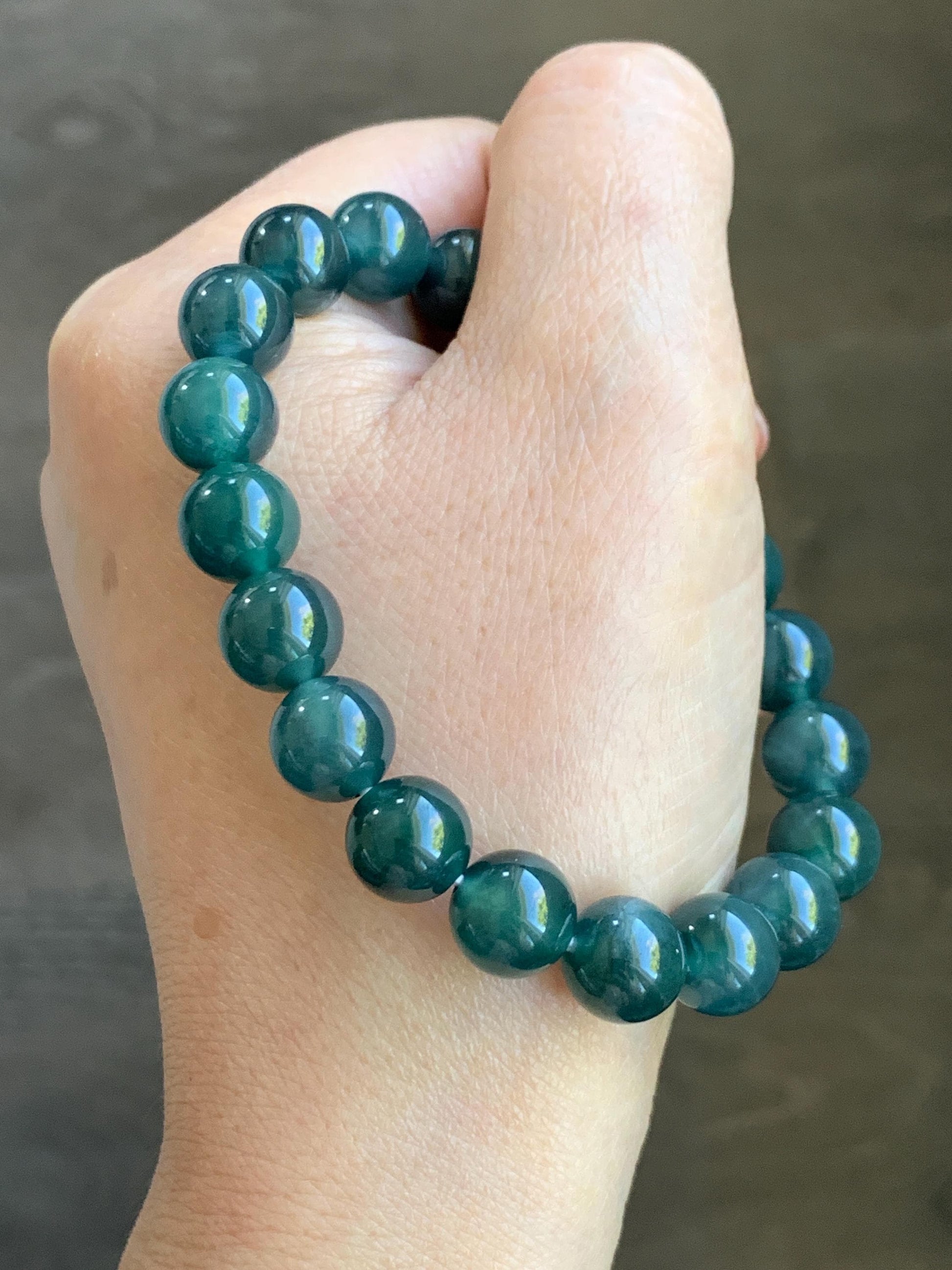 Natural Grade A Guatemalan Icy Translucent Dark Teal Blue Jade Jadeite Beaded Bracelet Stretchy 9.8mm 7.25” 32g 天然冰危深蓝翡翠圆珠手串 SHW660A