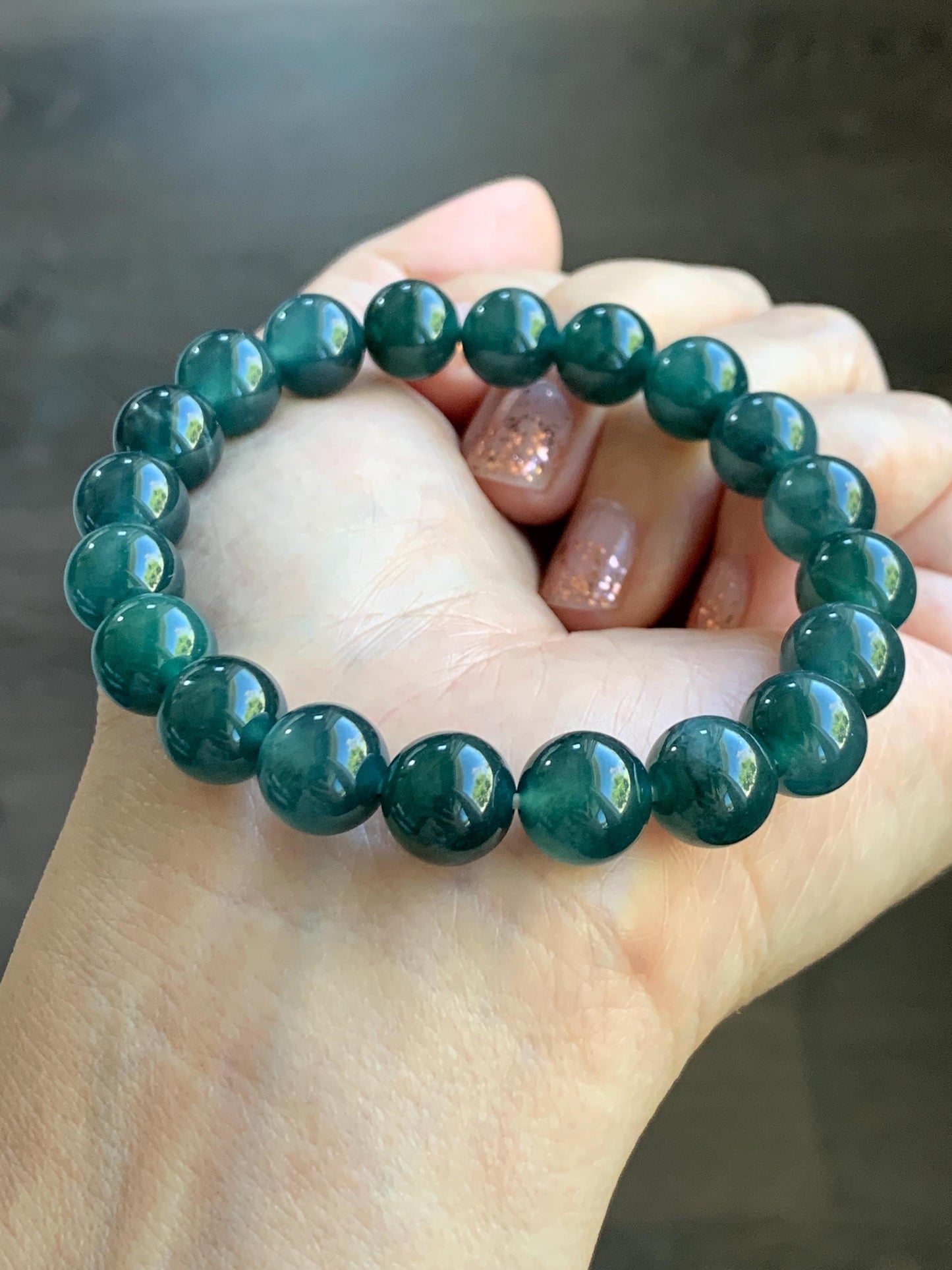 Natural Grade A Guatemalan Icy Translucent Dark Teal Blue Jade Jadeite Beaded Bracelet Stretchy 9.8mm 7.25” 32g 天然冰危深蓝翡翠圆珠手串 SHW660A