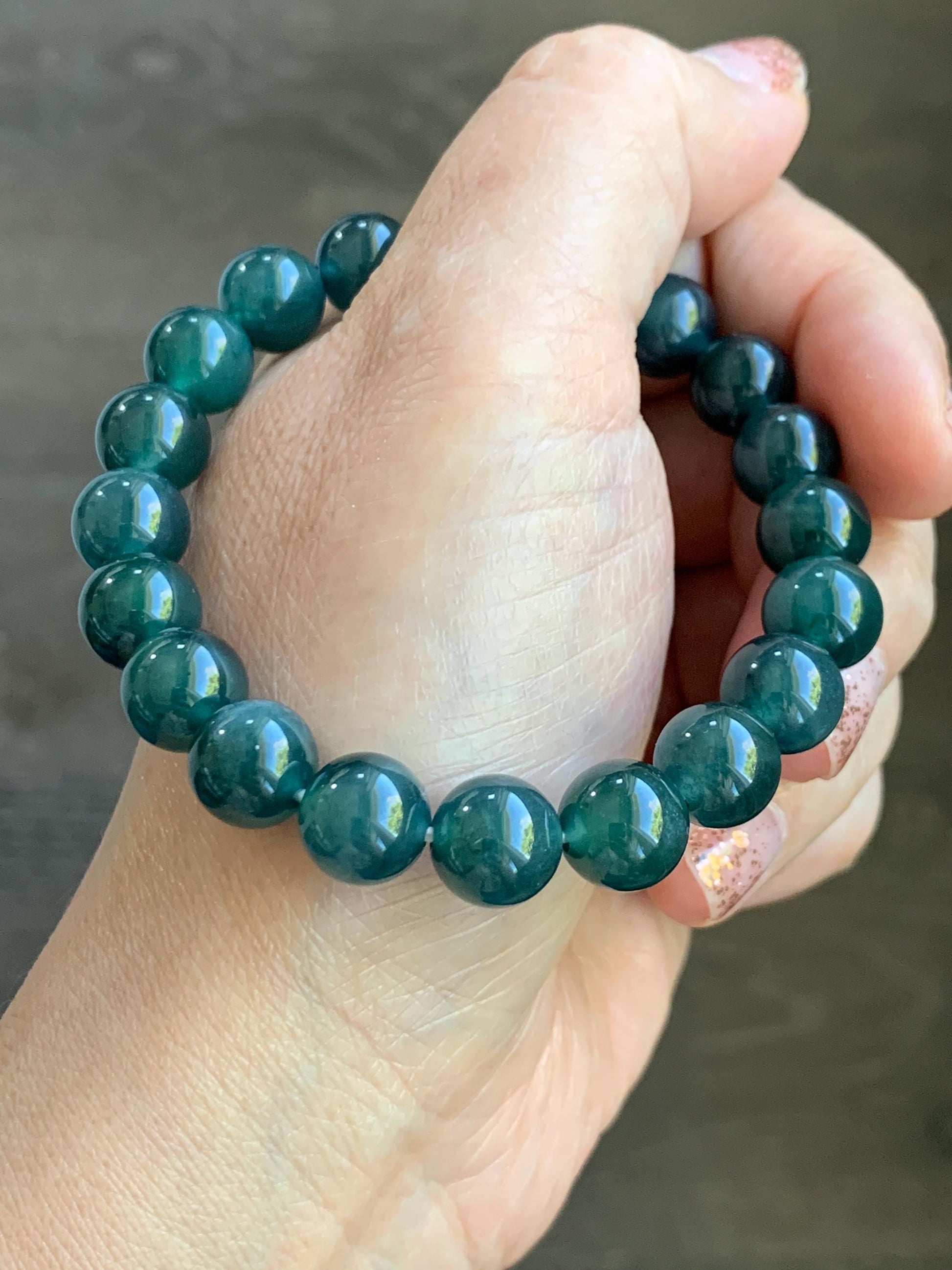 Natural Grade A Guatemalan Icy Translucent Dark Teal Blue Jade Jadeite Beaded Bracelet Stretchy 9.8mm 7.25” 32g 天然冰危深蓝翡翠圆珠手串 SHW660A