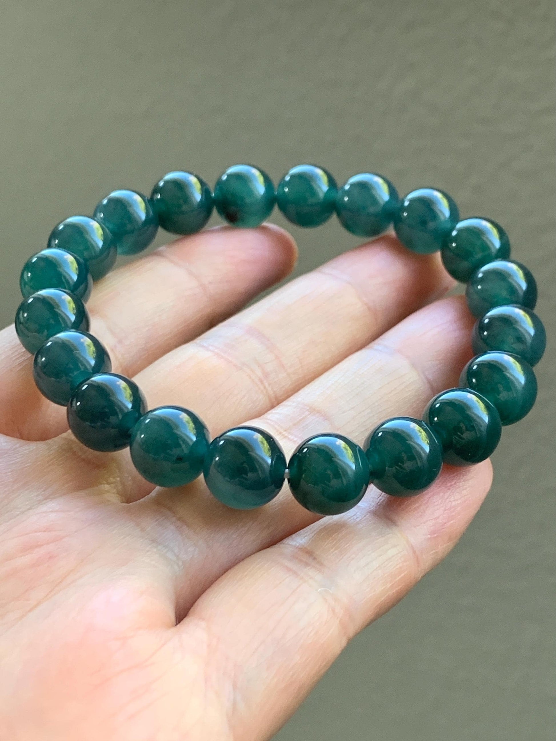 Natural Grade A Guatemalan Icy Translucent Dark Teal Blue Jade Jadeite Beaded Bracelet Stretchy 9.8mm 7.25” 32g 天然冰危深蓝翡翠圆珠手串 SHW660A