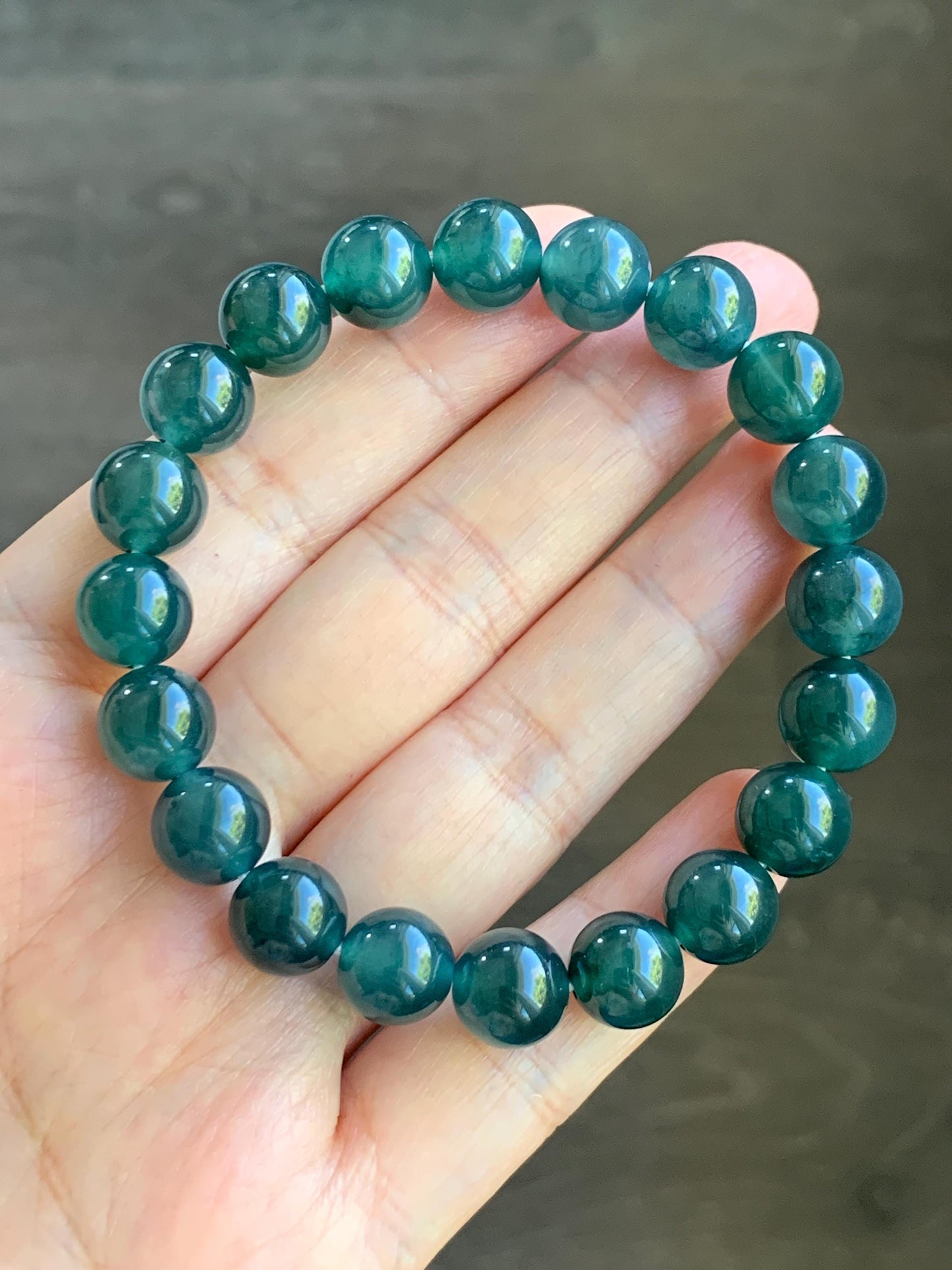 Natural Grade A Guatemalan Icy Translucent Dark Teal Blue Jade Jadeite Beaded Bracelet Stretchy 9.8mm 7.25” 32g 天然冰危深蓝翡翠圆珠手串 SHW660A
