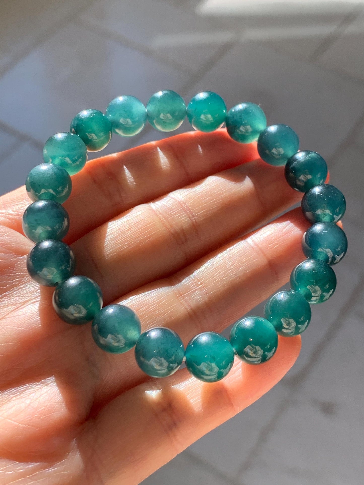 Natural Grade A Guatemalan Icy Translucent Dark Teal Blue Jade Jadeite Beaded Bracelet Stretchy 9.8mm 7.25” 32g 天然冰危深蓝翡翠圆珠手串 SHW660A