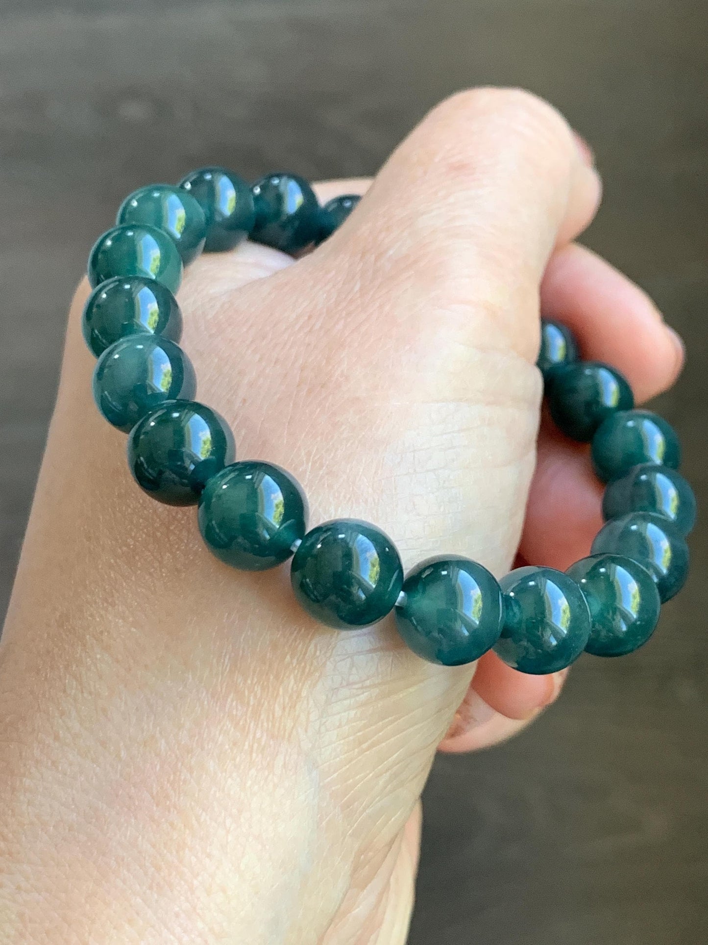 Natural Grade A Guatemalan Icy Translucent Dark Teal Blue Jade Jadeite Beaded Bracelet Stretchy 9.8mm 7.25” 32g 天然冰危深蓝翡翠圆珠手串 SHW660A