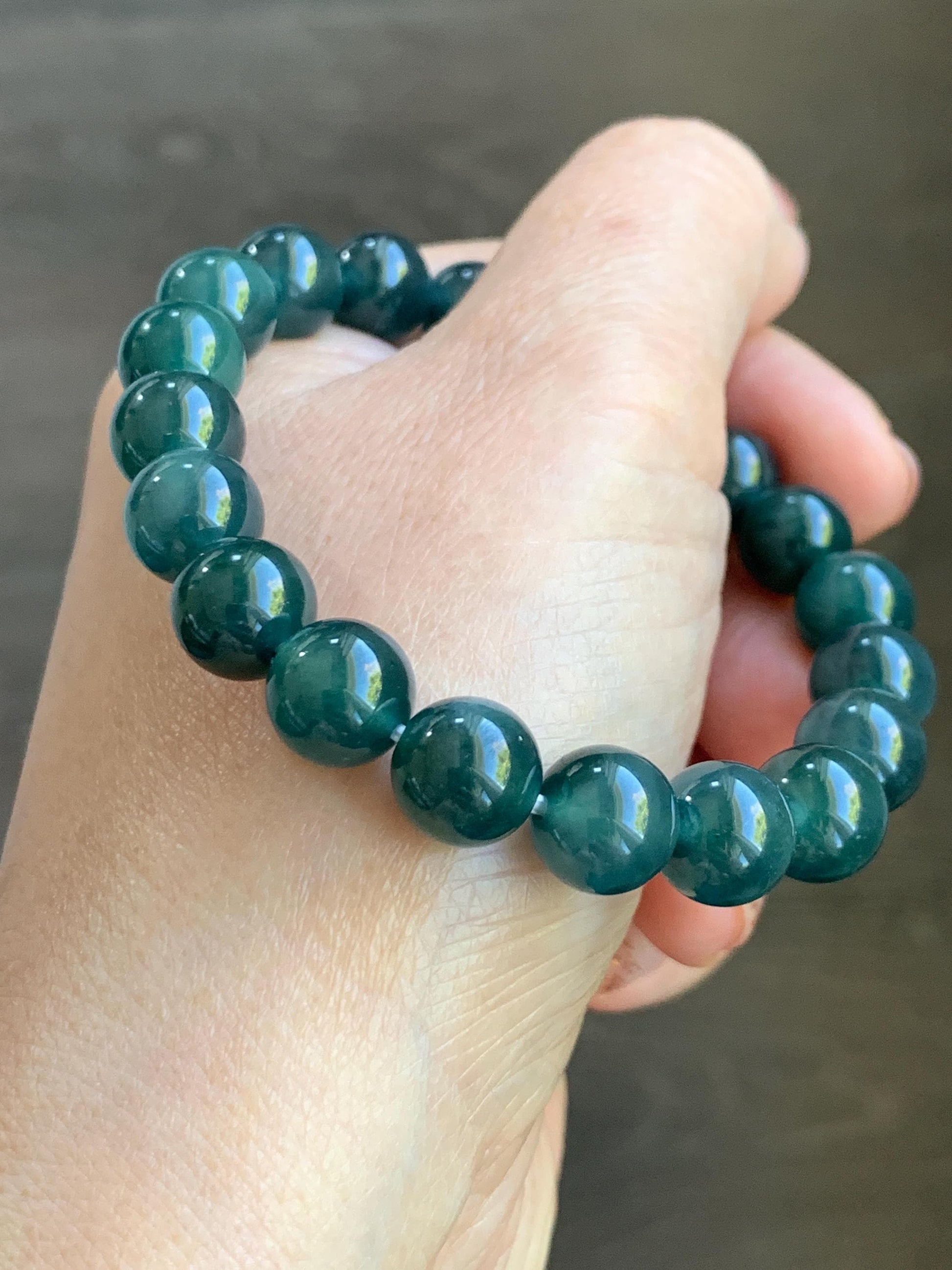 Natural Grade A Guatemalan Icy Translucent Dark Teal Blue Jade Jadeite Beaded Bracelet Stretchy 9.8mm 7.25” 32g 天然冰危深蓝翡翠圆珠手串 SHW660A