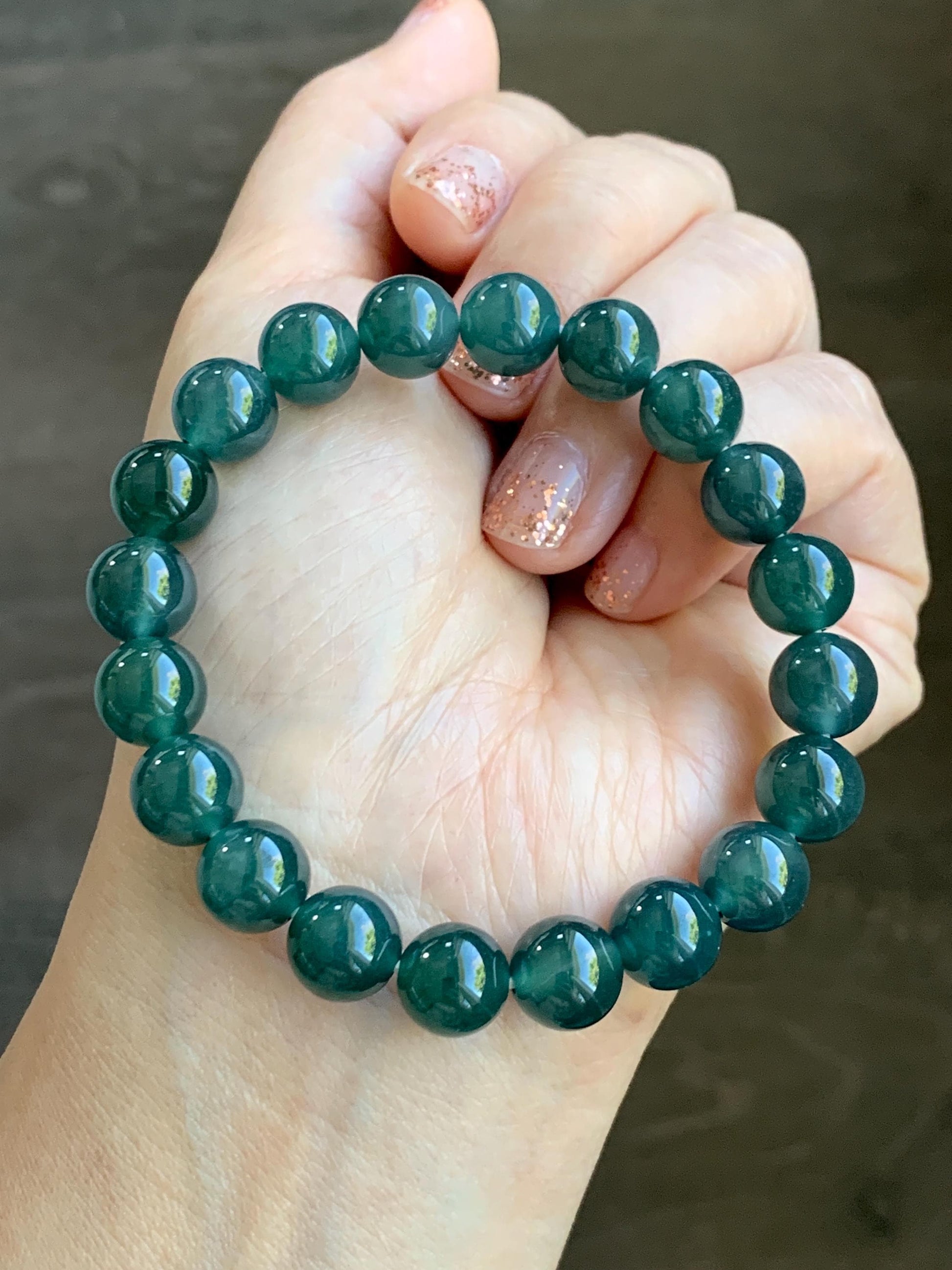 Natural Grade A Guatemalan Icy Translucent Dark Teal Blue Jade Jadeite Beaded Bracelet Stretchy 9.8mm 7.25” 32g 天然冰危深蓝翡翠圆珠手串 SHW660B