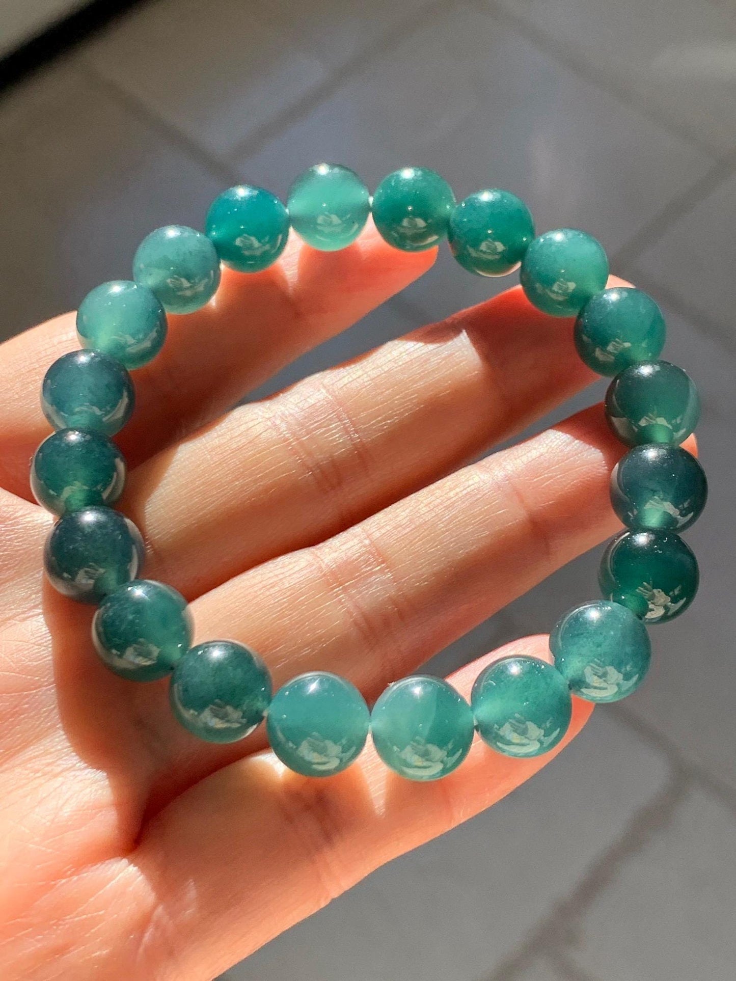 Natural Grade A Guatemalan Icy Translucent Dark Teal Blue Jade Jadeite Beaded Bracelet Stretchy 9.8mm 7.25” 32g 天然冰危深蓝翡翠圆珠手串 SHW660B