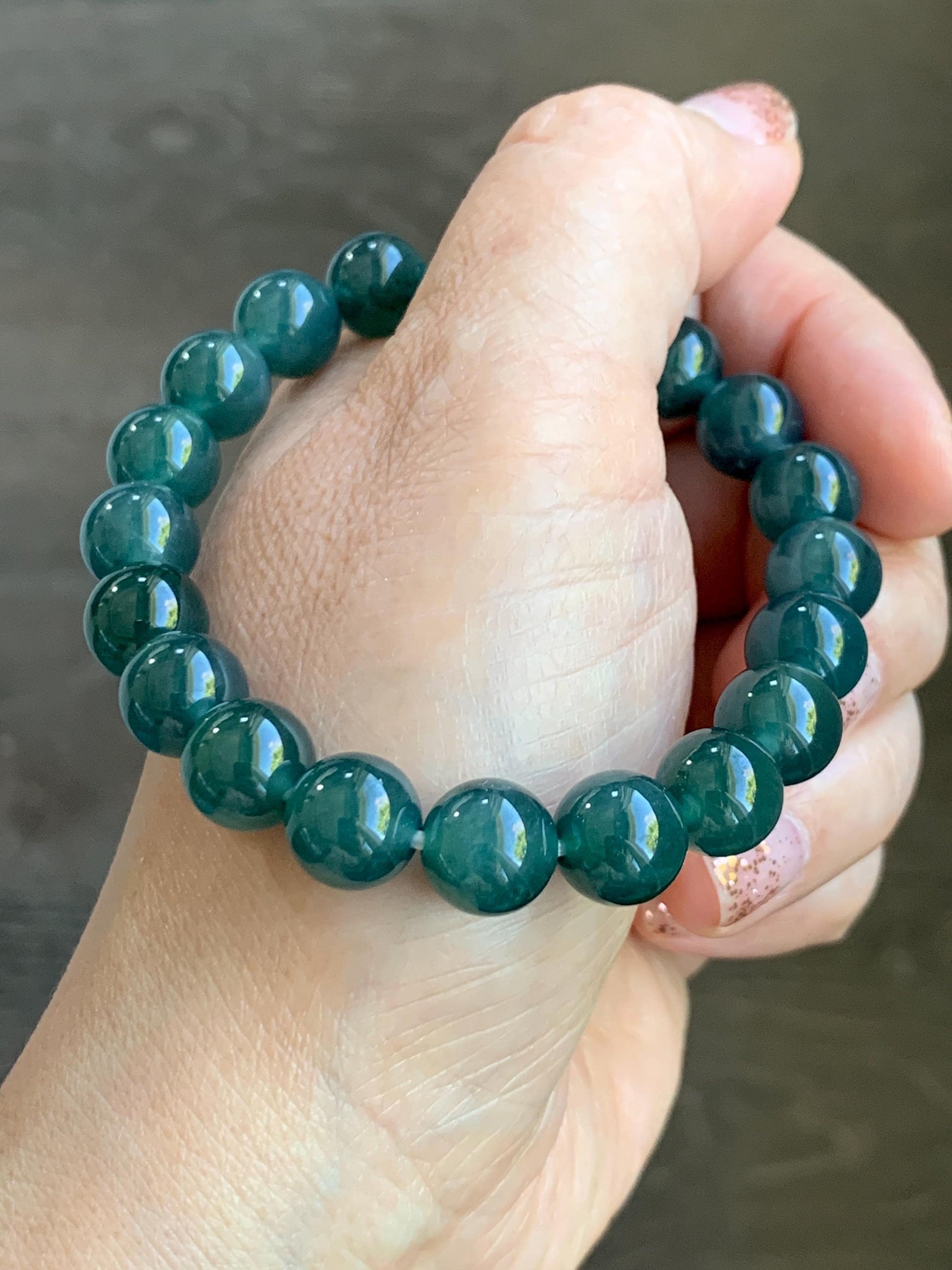 Natural Grade A Guatemalan Icy Translucent Dark Teal Blue Jade Jadeite Beaded Bracelet Stretchy 9.8mm 7.25” 32g 天然冰危深蓝翡翠圆珠手串 SHW660B