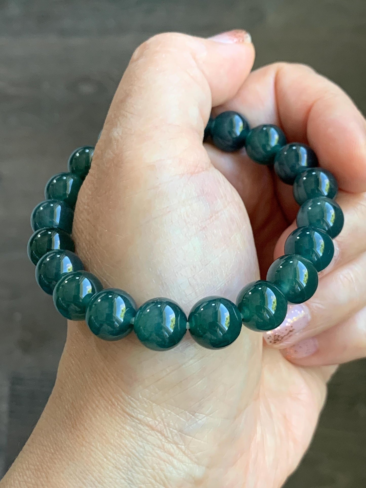 Natural Grade A Guatemalan Icy Translucent Dark Teal Blue Jade Jadeite Beaded Bracelet Stretchy 9.8mm 7.25” 32g 天然冰危深蓝翡翠圆珠手串 SHW660B