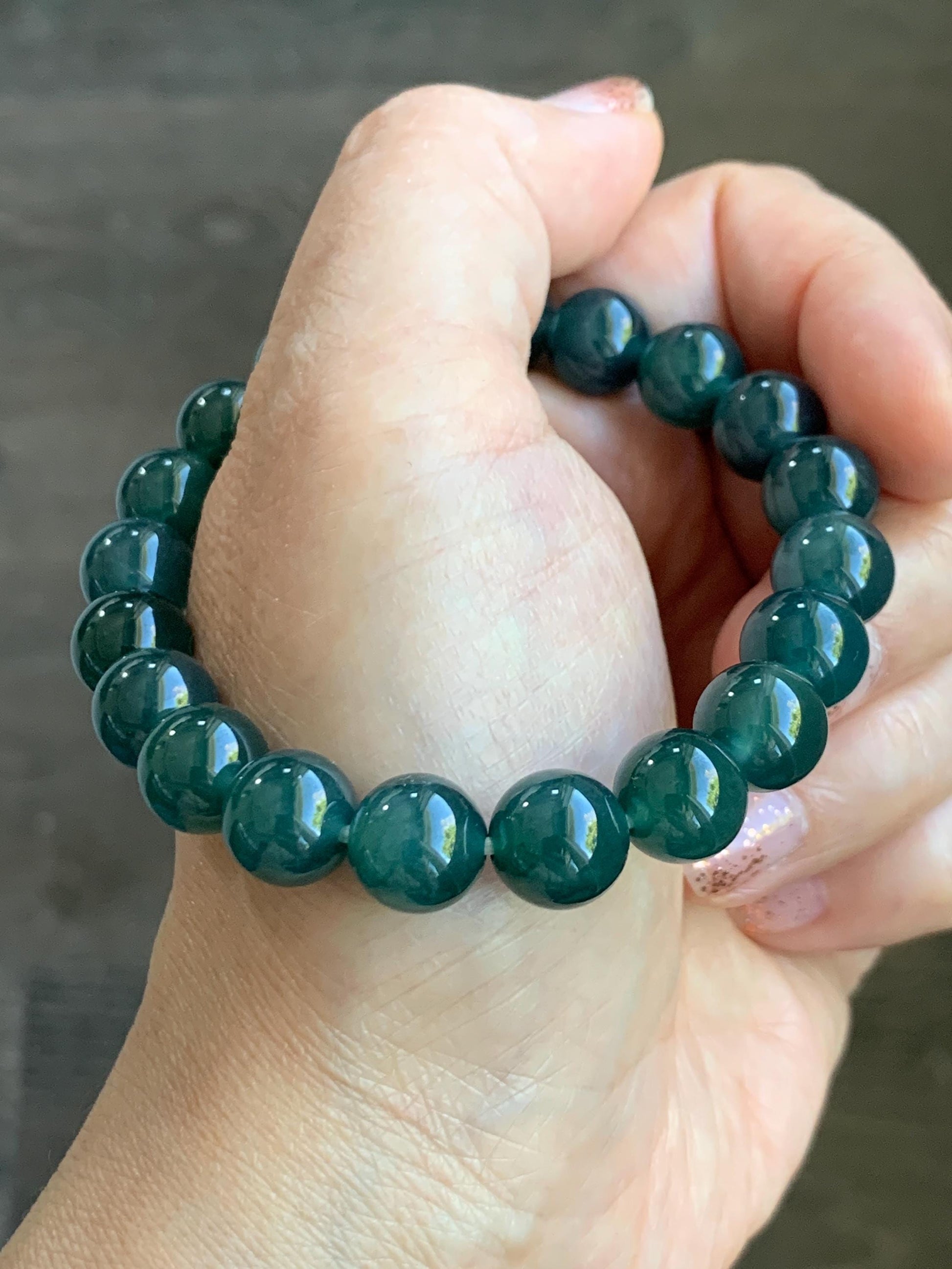 Natural Grade A Guatemalan Icy Translucent Dark Teal Blue Jade Jadeite Beaded Bracelet Stretchy 9.8mm 7.25” 32g 天然冰危深蓝翡翠圆珠手串 SHW660B