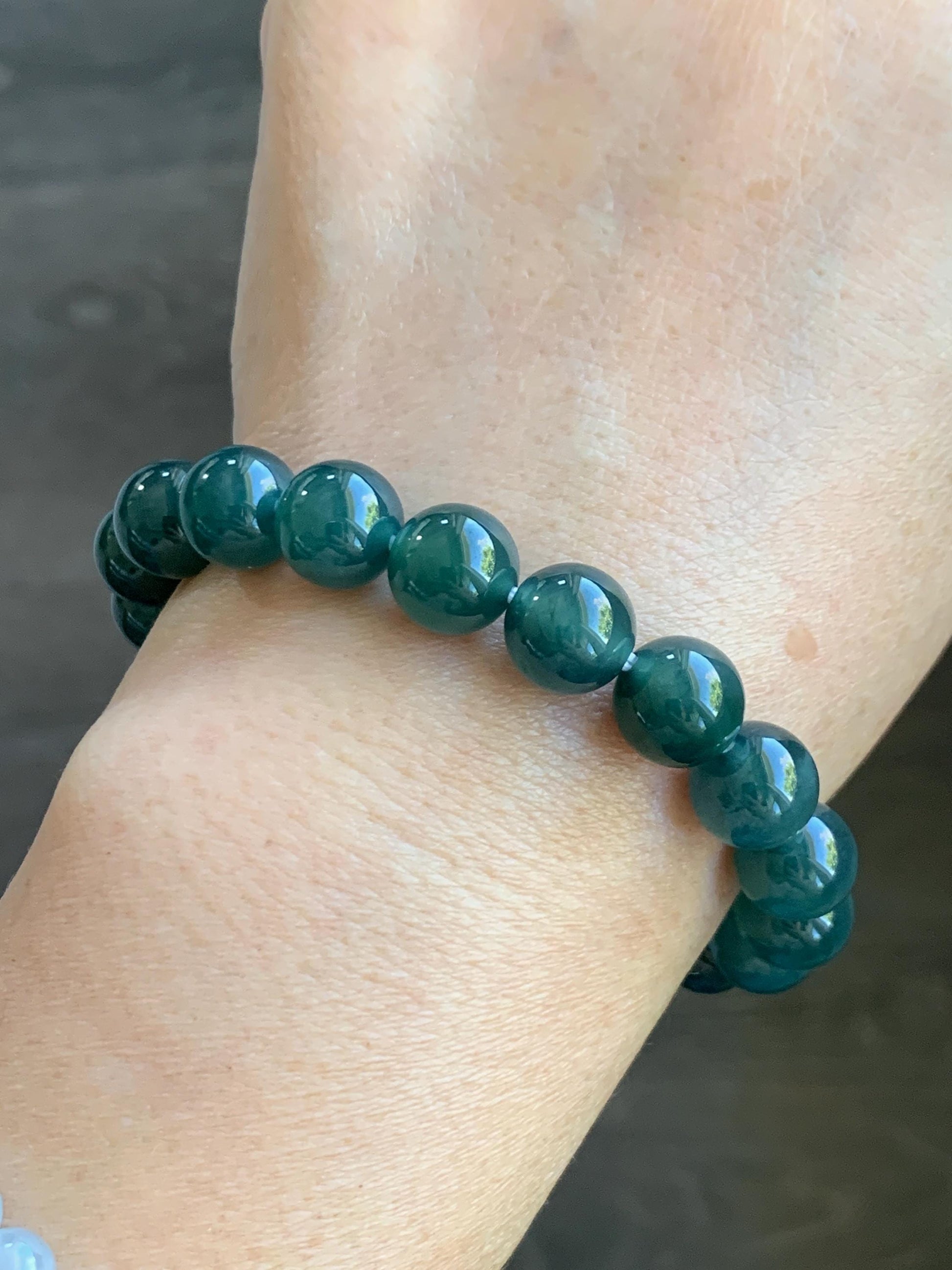 Natural Grade A Guatemalan Icy Translucent Dark Teal Blue Jade Jadeite Beaded Bracelet Stretchy 9.8mm 7.25” 32g 天然冰危深蓝翡翠圆珠手串 SHW660B