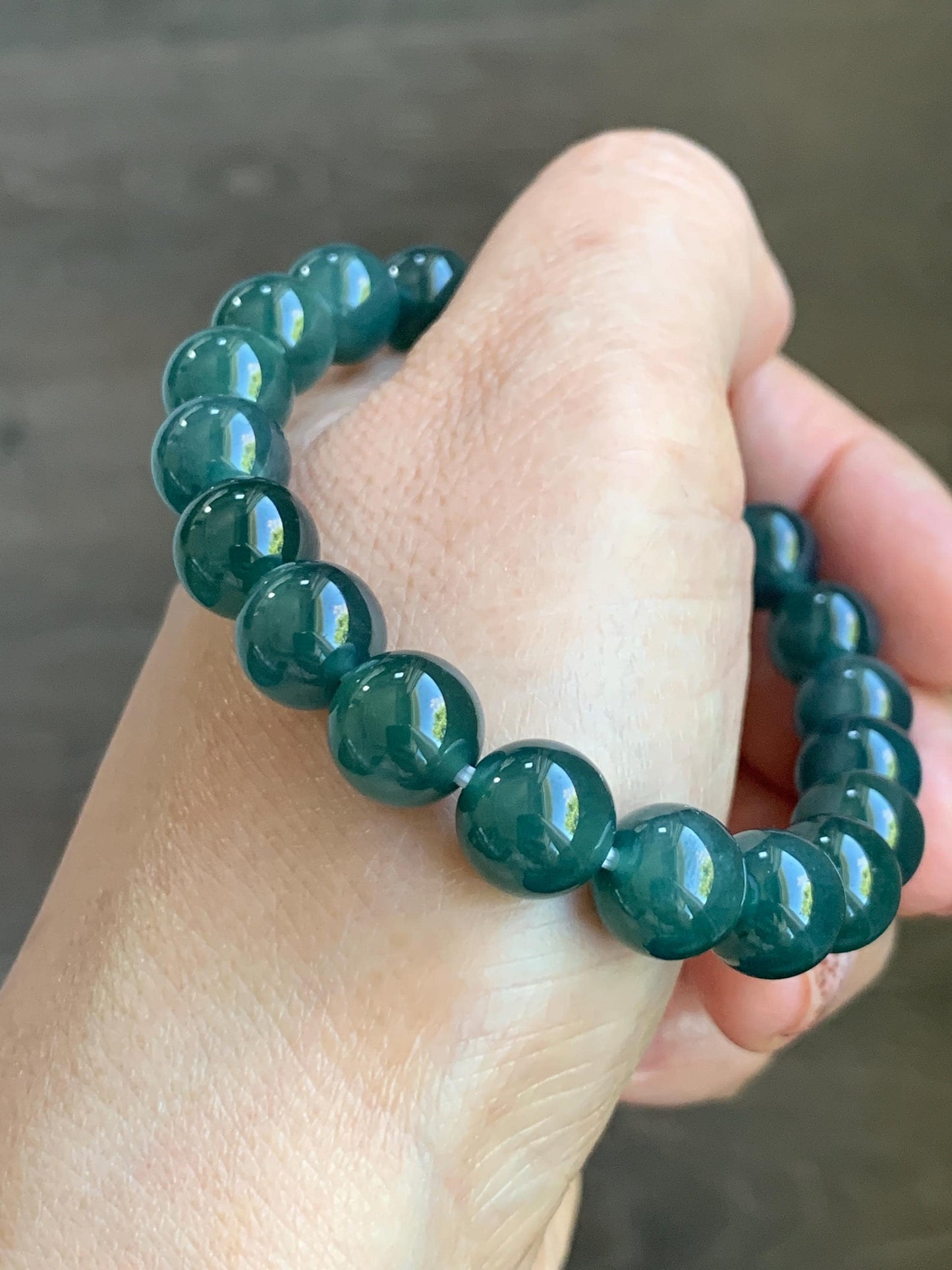 Natural Grade A Guatemalan Icy Translucent Dark Teal Blue Jade Jadeite Beaded Bracelet Stretchy 9.8mm 7.25” 32g 天然冰危深蓝翡翠圆珠手串 SHW660B
