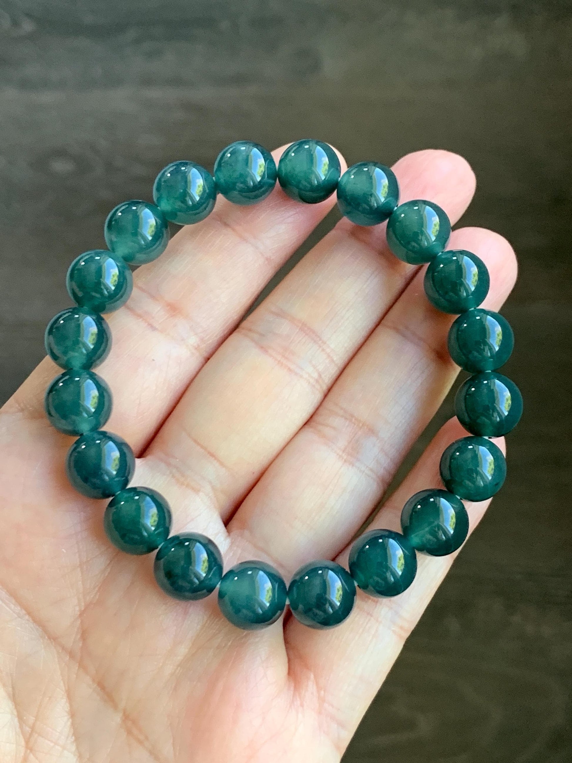 Natural Grade A Guatemalan Icy Translucent Dark Teal Blue Jade Jadeite Beaded Bracelet Stretchy 9.8mm 7.25” 32g 天然冰危深蓝翡翠圆珠手串 SHW660B