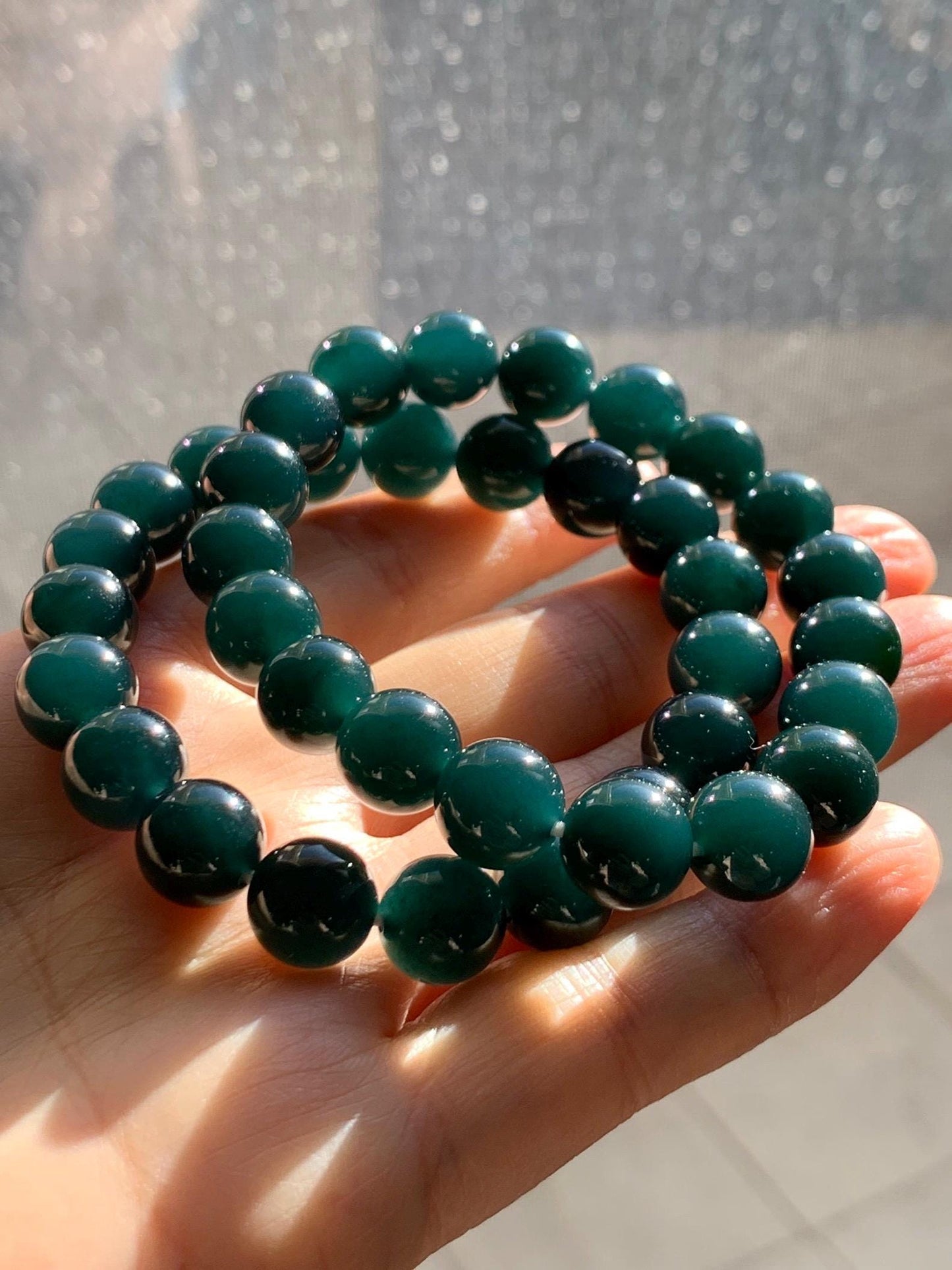 Natural Grade A Guatemalan Icy Translucent Gelatinous Black Jade Jadeite Beaded Bracelet Old Mine 9.8mm 7” 31g 天然老种冰危蓝底墨翠大卡手串 WMC770