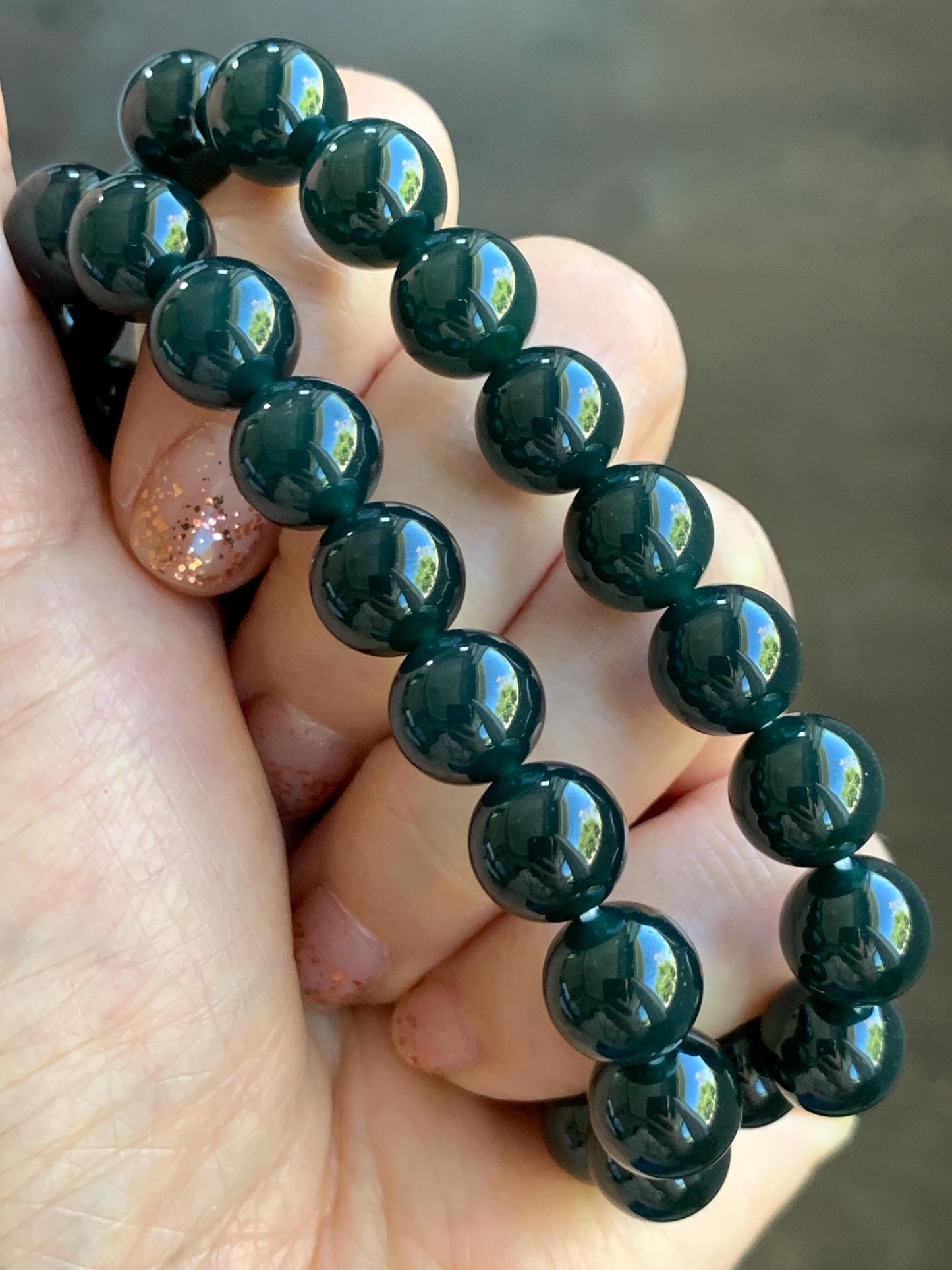 Natural Grade A Guatemalan Icy Translucent Gelatinous Black Jade Jadeite Beaded Bracelet Old Mine 9.8mm 7” 31g 天然老种冰危蓝底墨翠大卡手串 WMC770