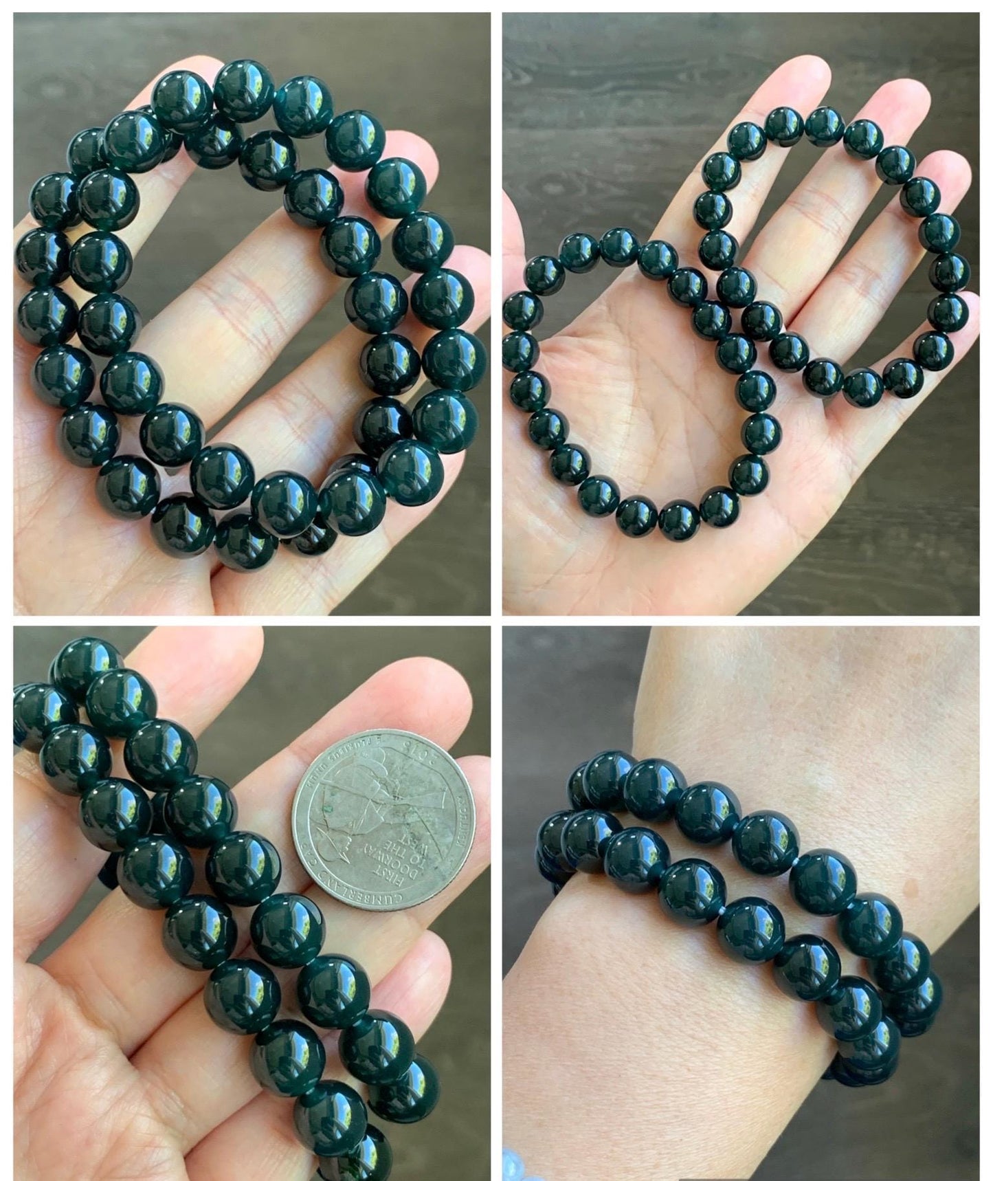 Natural Grade A Guatemalan Icy Translucent Gelatinous Black Jade Jadeite Beaded Bracelet Old Mine 9.8mm 7” 31g 天然老种冰危蓝底墨翠大卡手串 WMC770