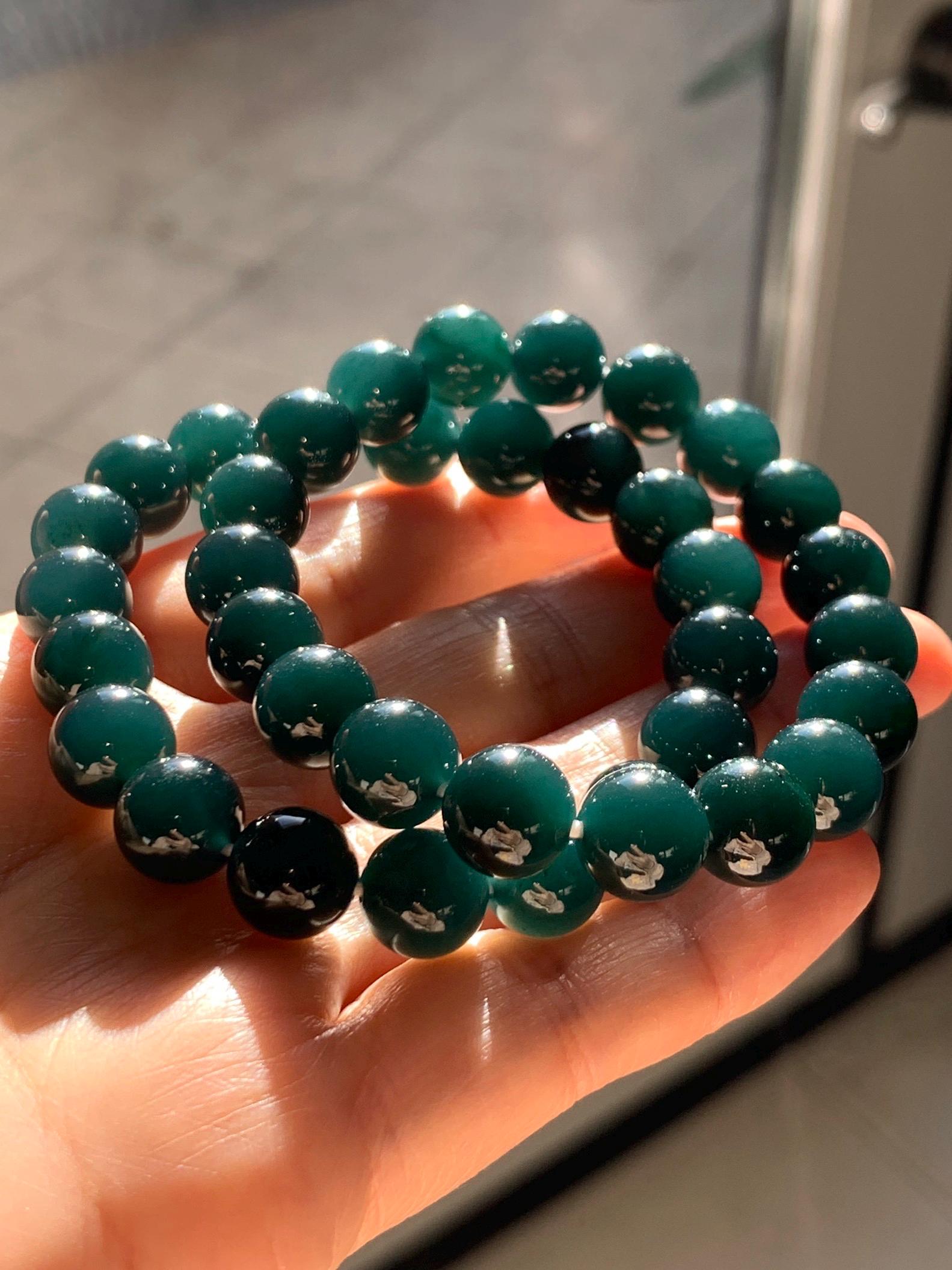 Natural Grade A Guatemalan Icy Translucent Gelatinous Black Jade Jadeite Beaded Bracelet Old Mine 9.8mm 7” 31g 天然老种冰危蓝底墨翠大卡手串 WMC770