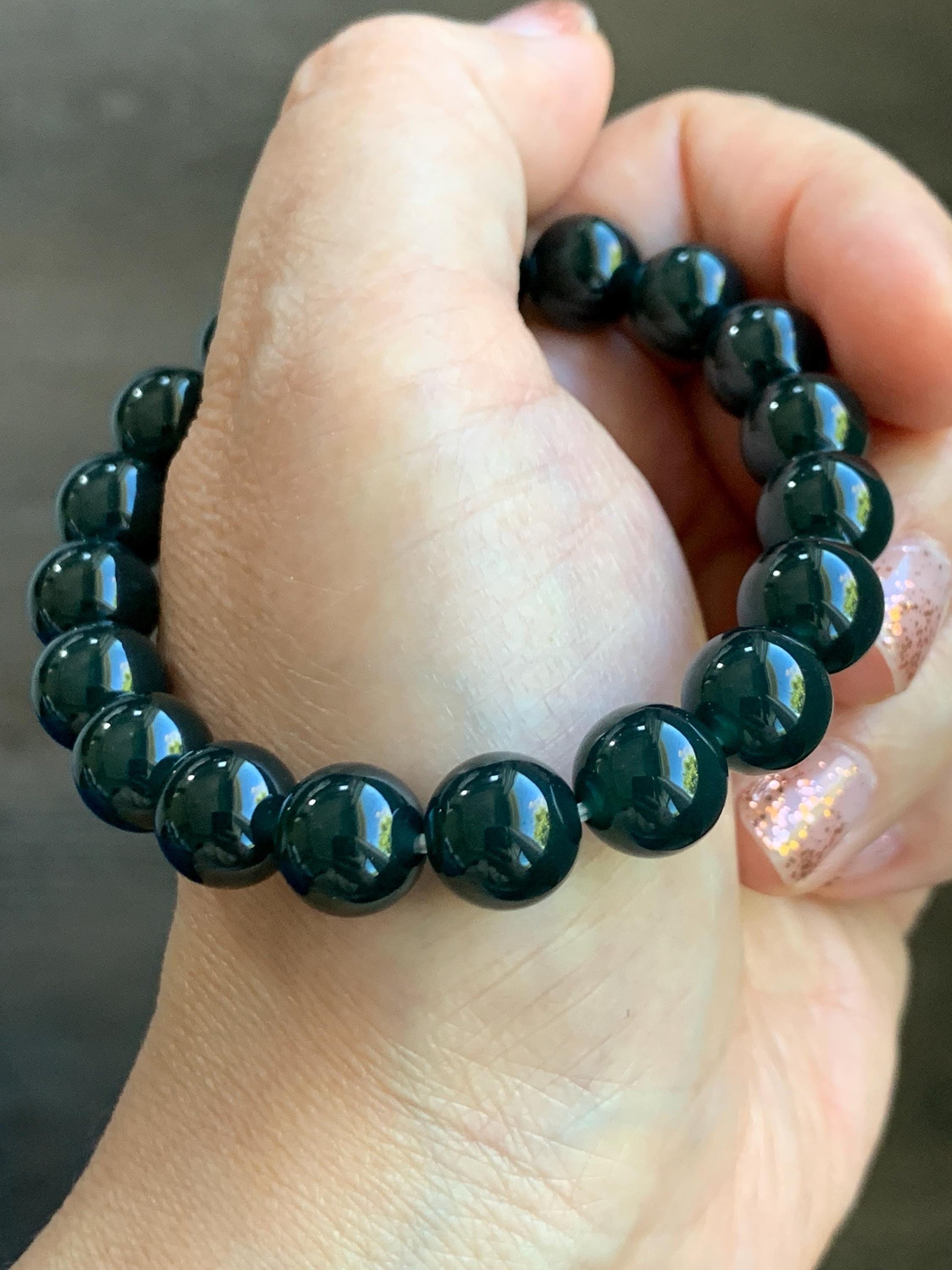 Natural Grade A Guatemalan Icy Translucent Gelatinous Black Jade Jadeite Beaded Bracelet Old Mine 9.8mm 7” 31g 天然老种冰危蓝底墨翠大卡手串 WMC770