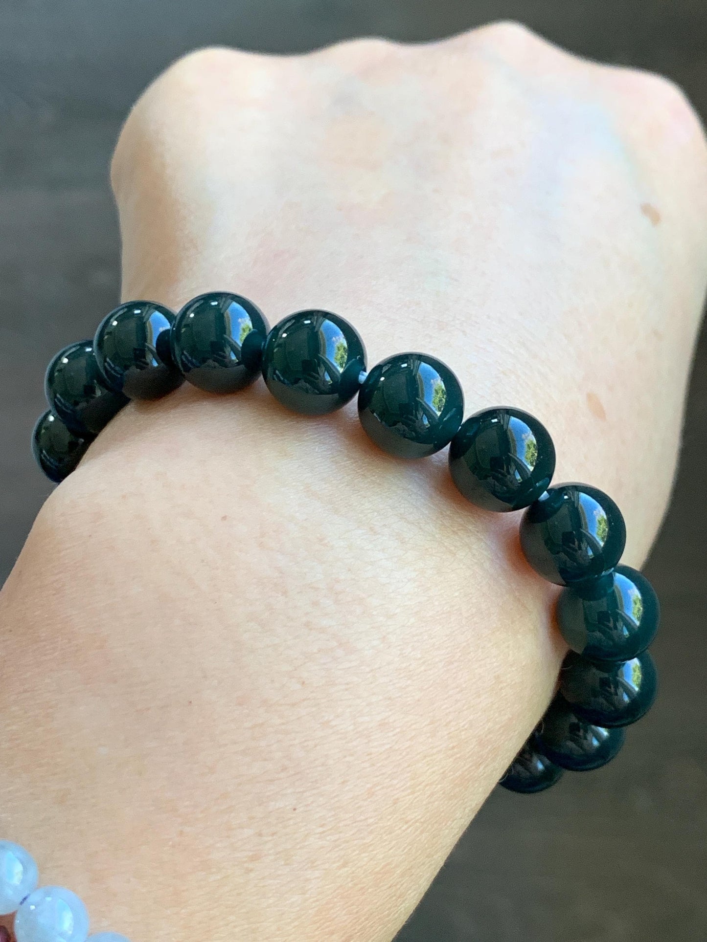 Natural Grade A Guatemalan Icy Translucent Gelatinous Black Jade Jadeite Beaded Bracelet Old Mine 9.8mm 7” 31g 天然老种冰危蓝底墨翠大卡手串 WMC770