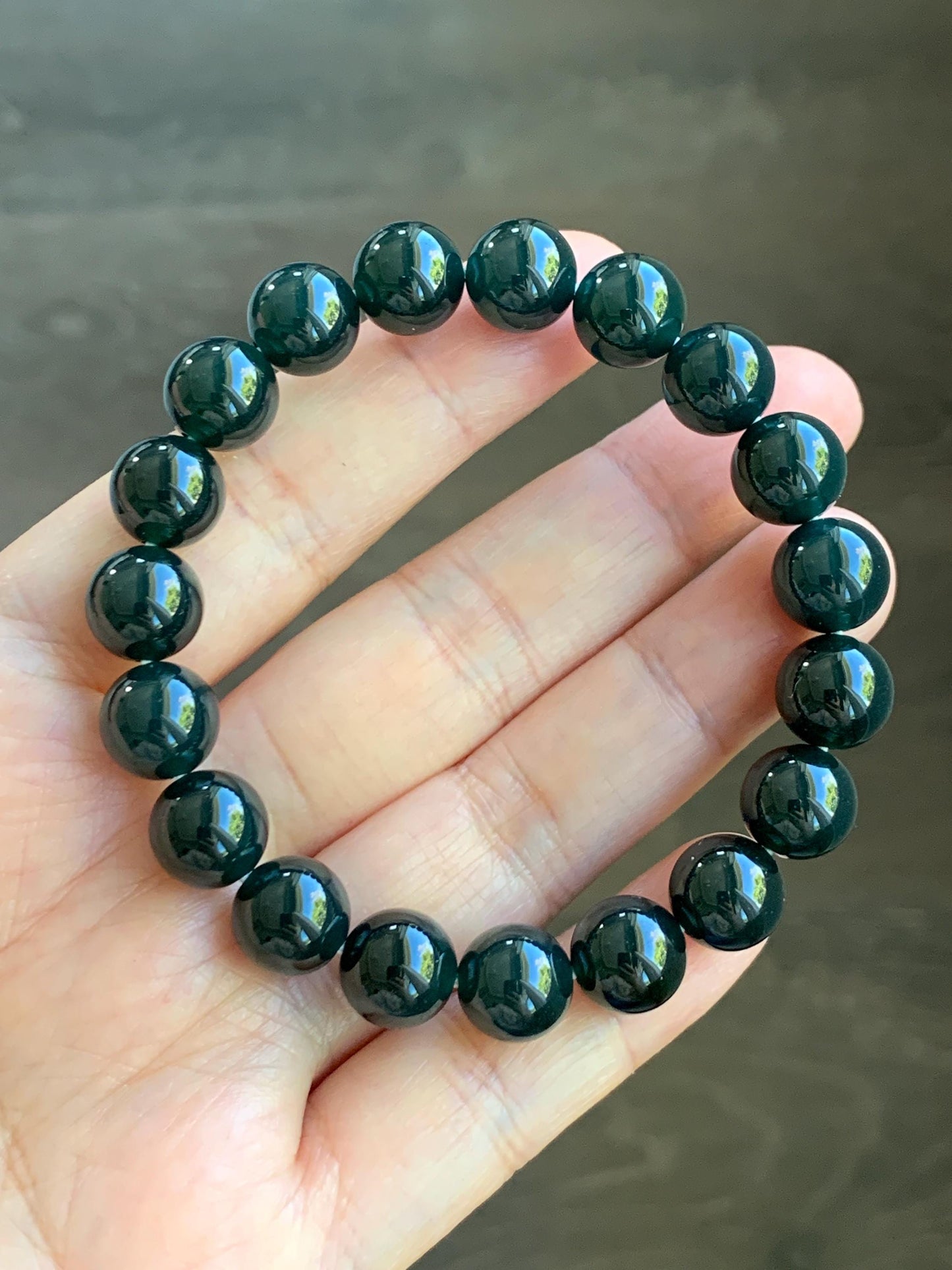 Natural Grade A Guatemalan Icy Translucent Gelatinous Black Jade Jadeite Beaded Bracelet Old Mine 9.8mm 7” 31g 天然老种冰危蓝底墨翠大卡手串 WMC770
