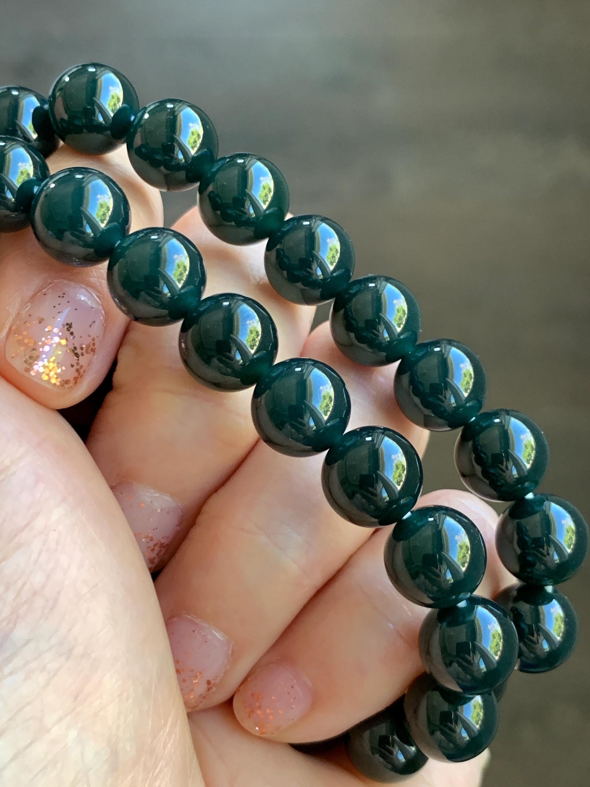 Natural Grade A Guatemalan Icy Translucent Gelatinous Black Jade Jadeite Beaded Bracelet Old Mine 9.8mm 7” 31g 天然老种冰危蓝底墨翠大卡手串 WMC770