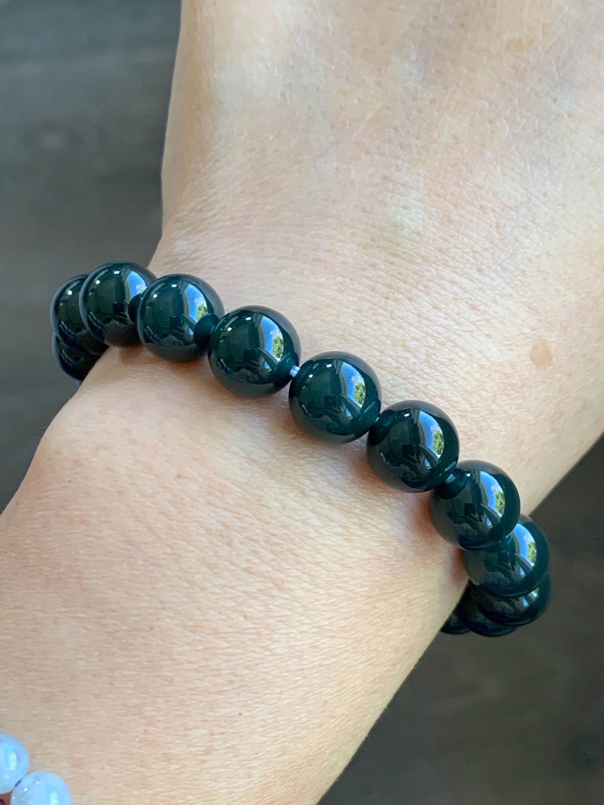 Natural Grade A Guatemalan Icy Translucent Gelatinous Black Jade Jadeite Beaded Bracelet Old Mine 9.8mm 7” 31g 天然老种冰危蓝底墨翠大卡手串 WMC770