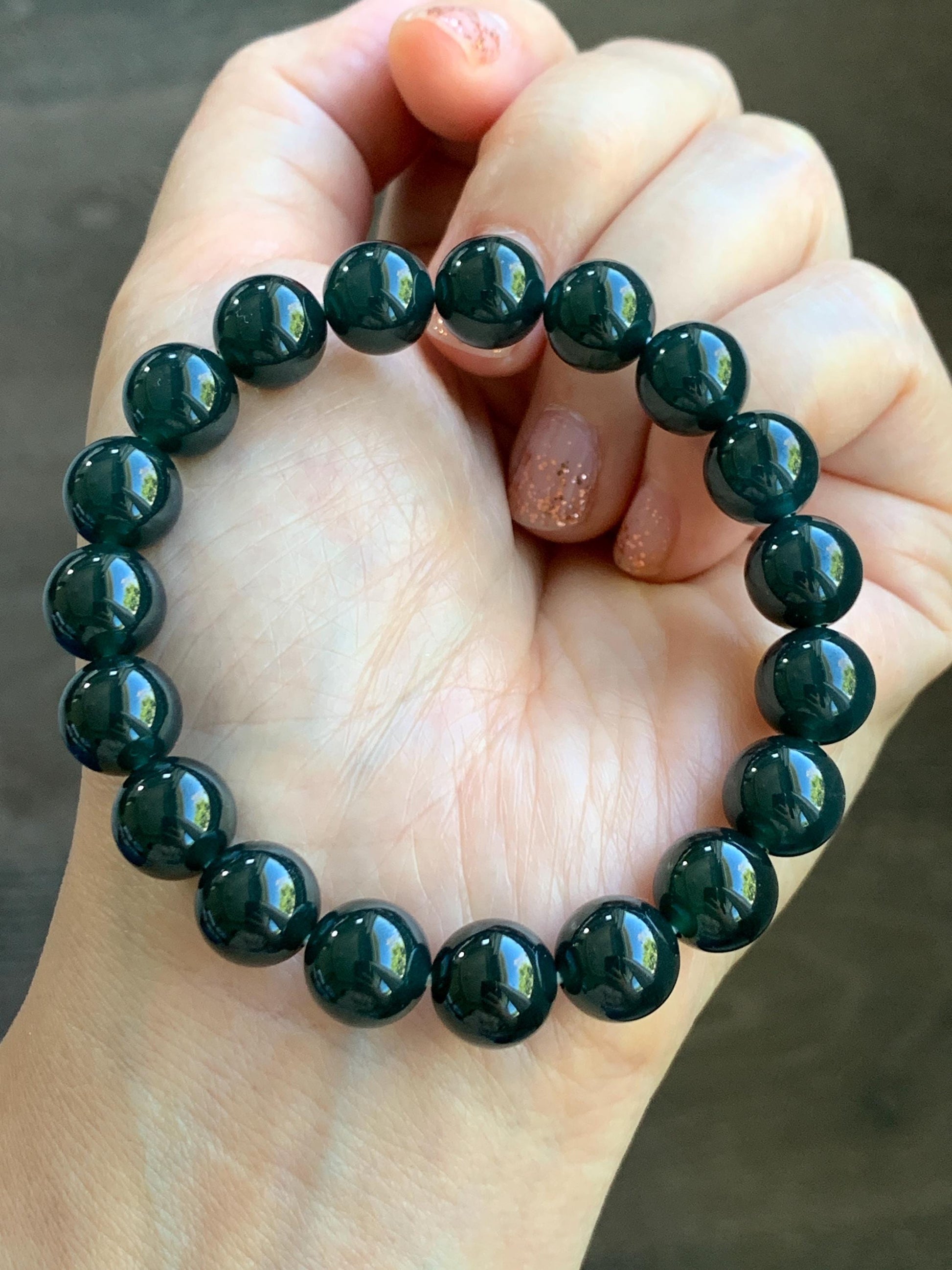Natural Grade A Guatemalan Icy Translucent Gelatinous Black Jade Jadeite Beaded Bracelet Old Mine 9.8mm 7” 31g 天然老种冰危蓝底墨翠大卡手串 WMC770