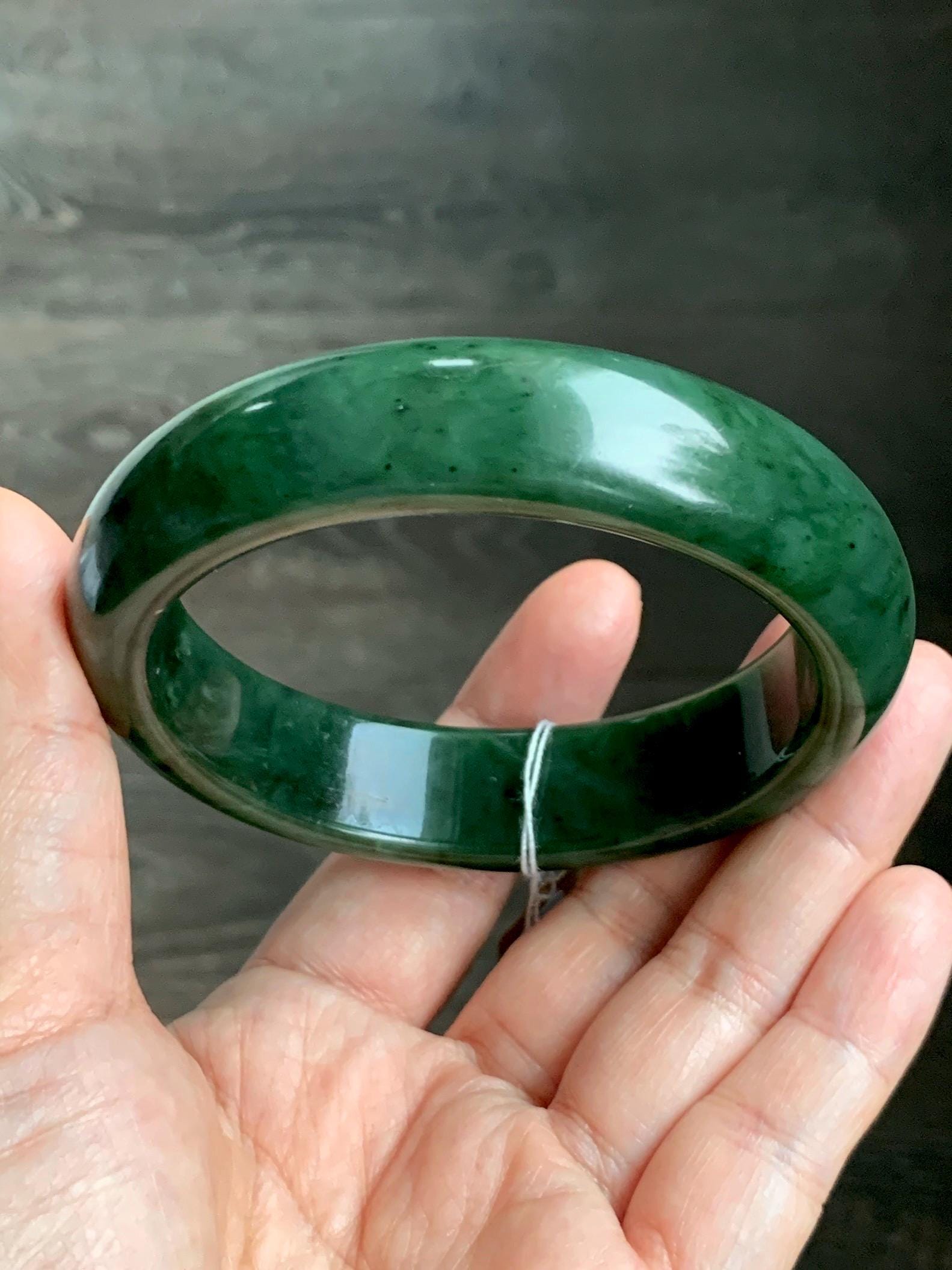 Certified Natural Nephrite Jade Translucent Dark Green Bangle Bracelet 62.89mm 7.75” 107g 天然和田玉菠菜绿轮胎宽手镯 156