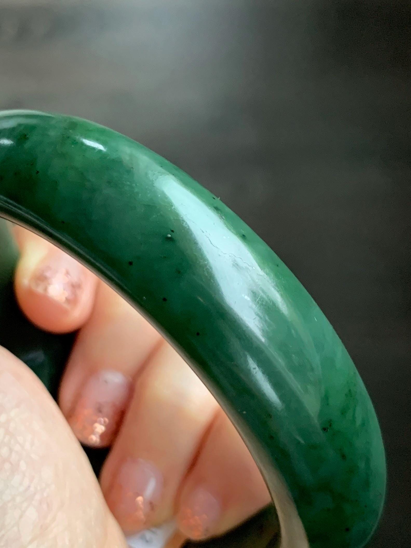 Certified Natural Nephrite Jade Translucent Dark Green Bangle Bracelet 62.89mm 7.75” 107g 天然和田玉菠菜绿轮胎宽手镯 156