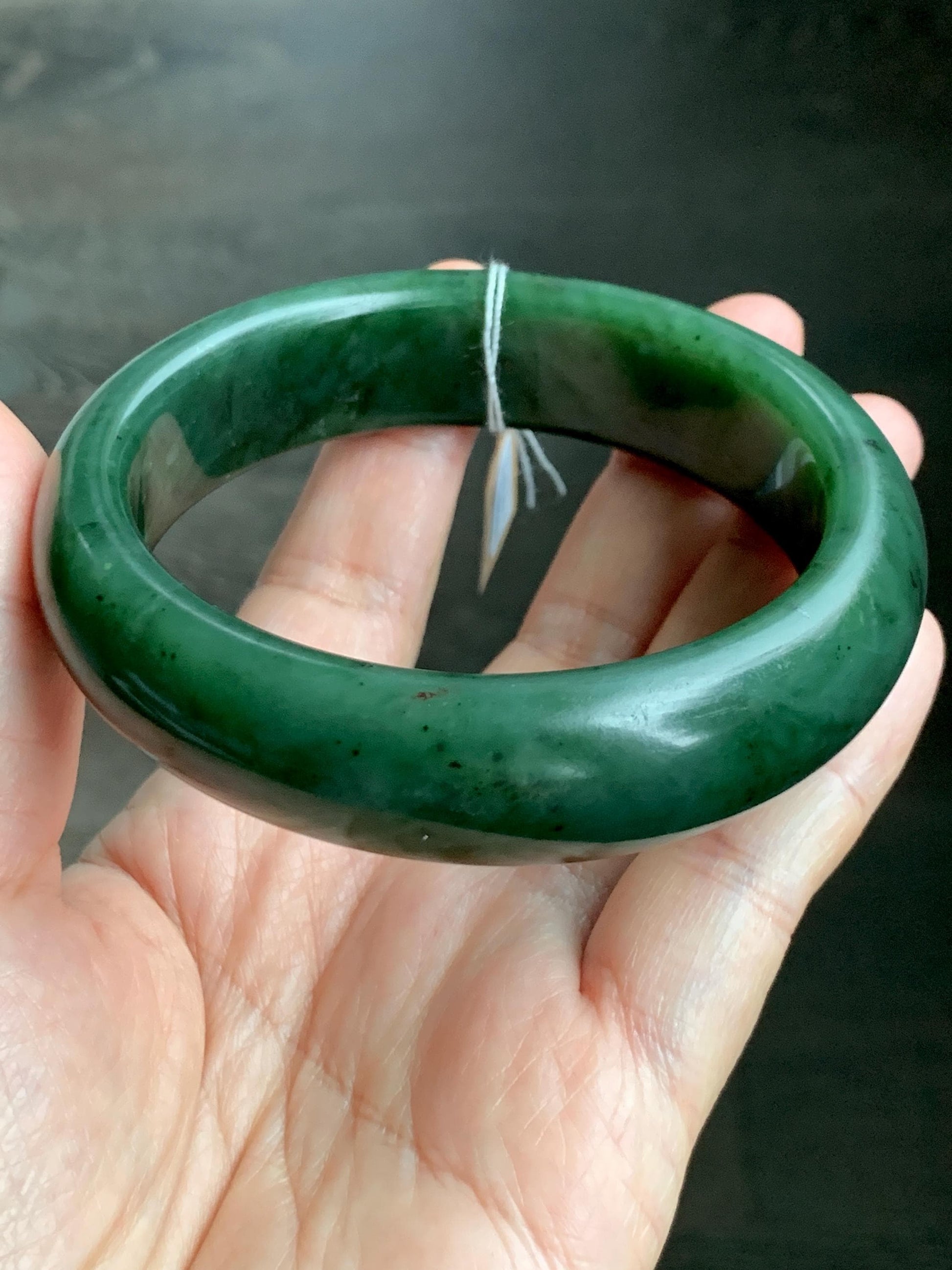 Certified Natural Nephrite Jade Translucent Dark Green Bangle Bracelet 62.89mm 7.75” 107g 天然和田玉菠菜绿轮胎宽手镯 156