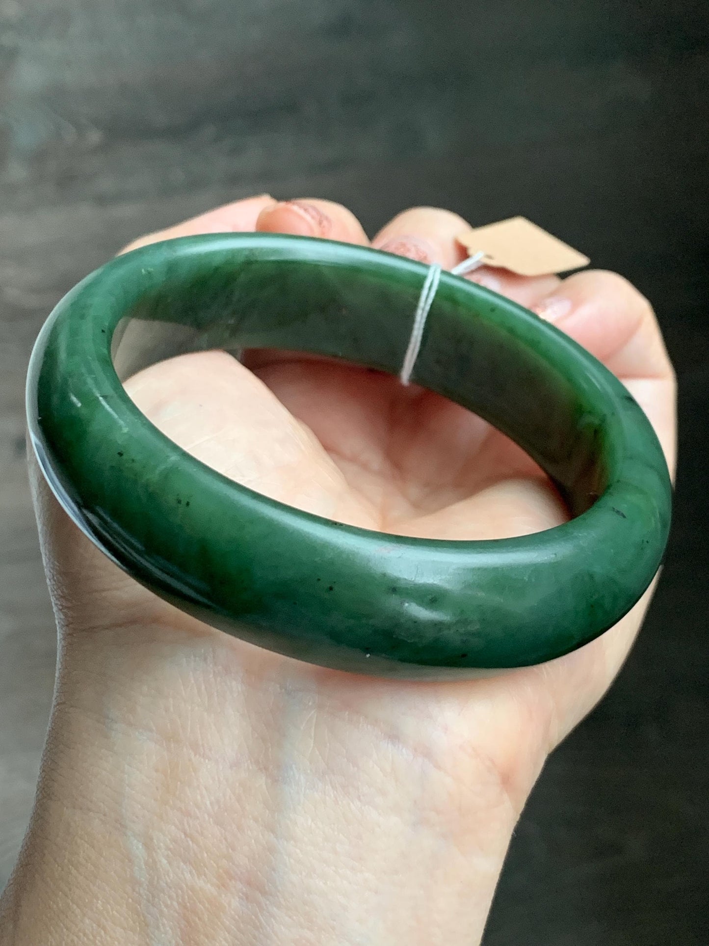 Certified Natural Nephrite Jade Translucent Dark Green Bangle Bracelet 62.89mm 7.75” 107g 天然和田玉菠菜绿轮胎宽手镯 156