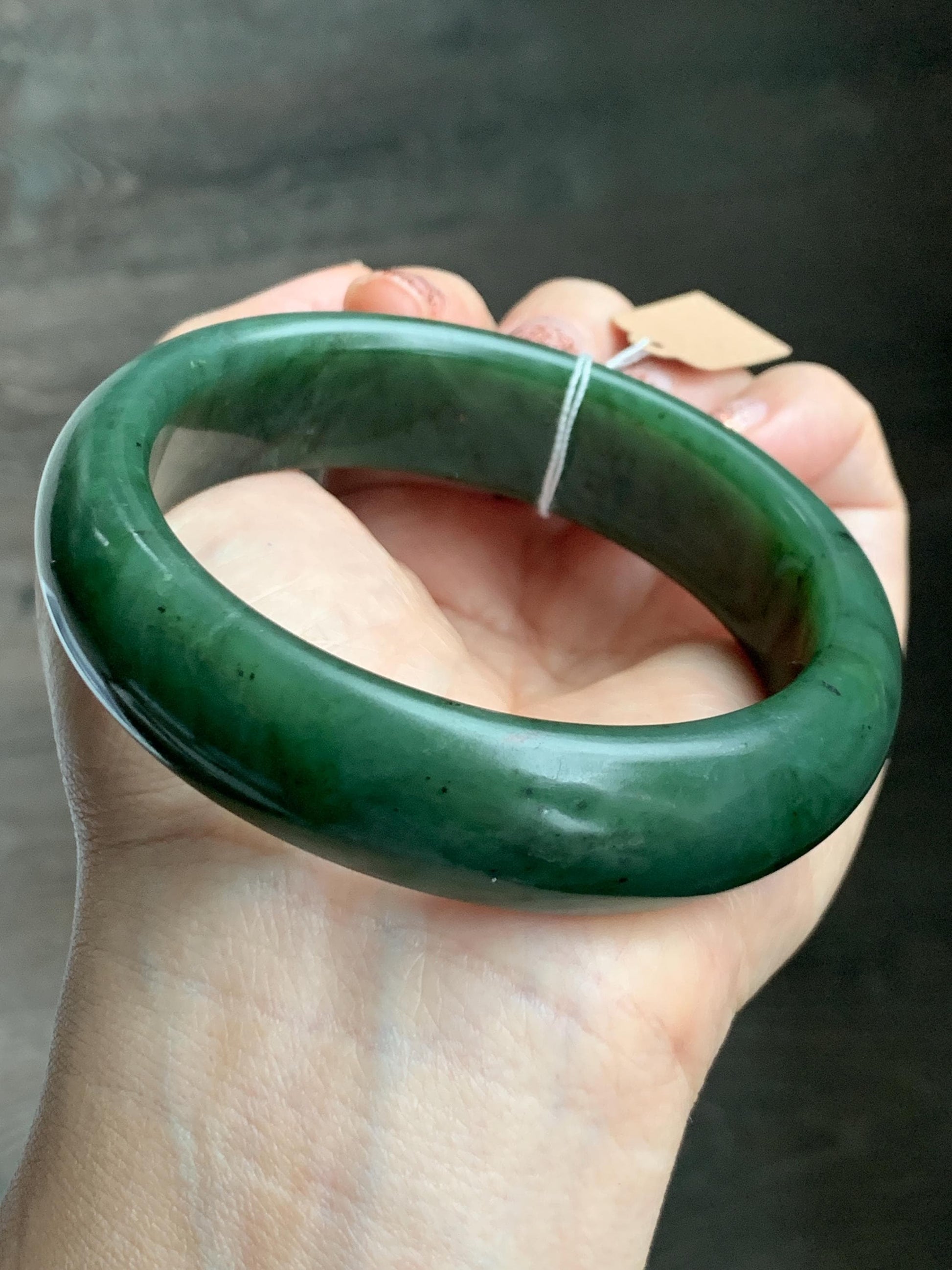 Certified Natural Nephrite Jade Translucent Dark Green Bangle Bracelet 62.89mm 7.75” 107g 天然和田玉菠菜绿轮胎宽手镯 156