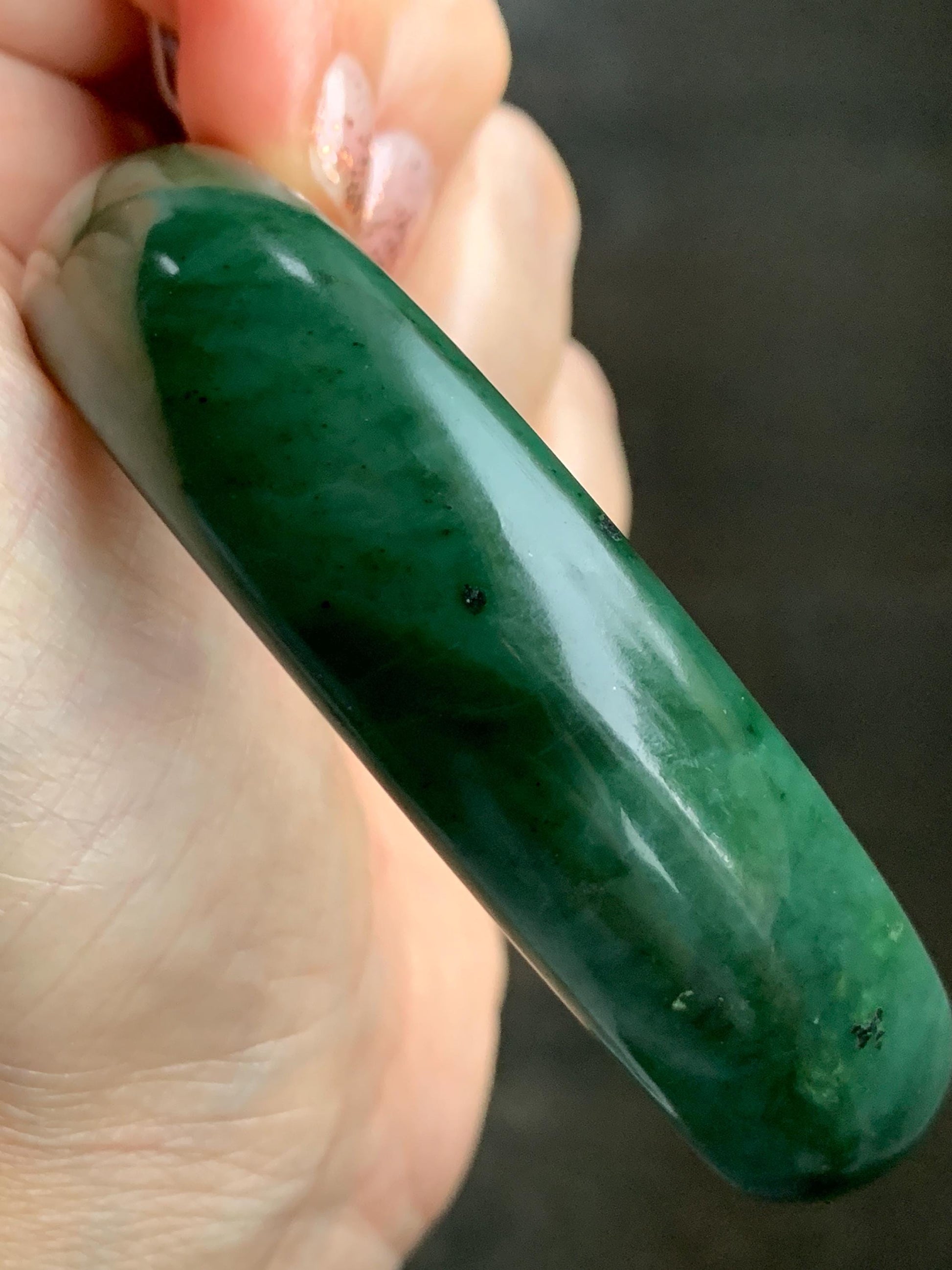 Certified Natural Nephrite Jade Translucent Dark Green Bangle Bracelet 62.89mm 7.75” 107g 天然和田玉菠菜绿轮胎宽手镯 156