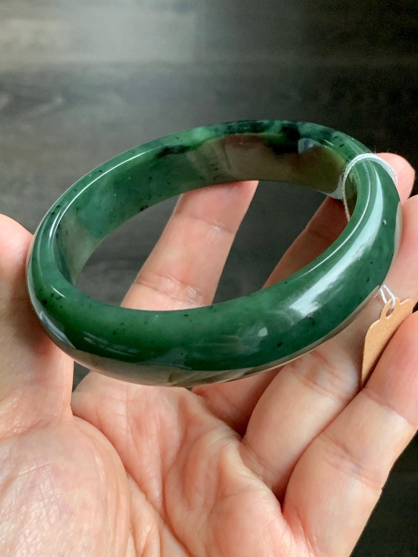 Certified Natural Nephrite Jade Translucent Dark Green Bangle Bracelet 60.1mm 7.4” 81g 天然和田玉菠菜绿轮胎宽手镯 157