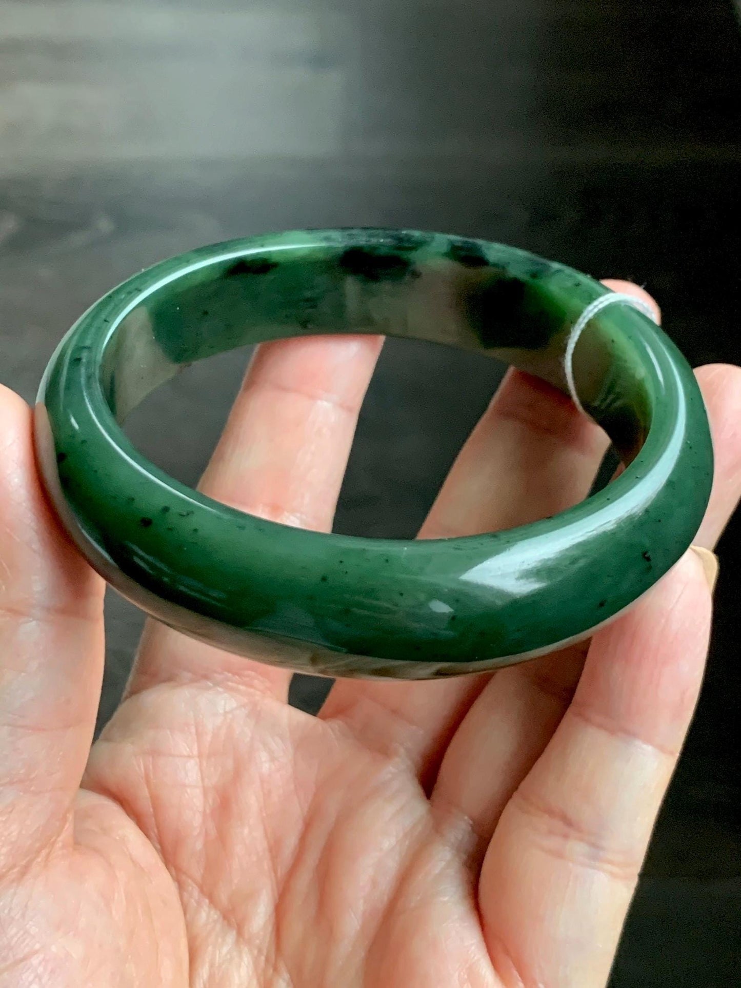Certified Natural Nephrite Jade Translucent Dark Green Bangle Bracelet 60.1mm 7.4” 81g 天然和田玉菠菜绿轮胎宽手镯 157