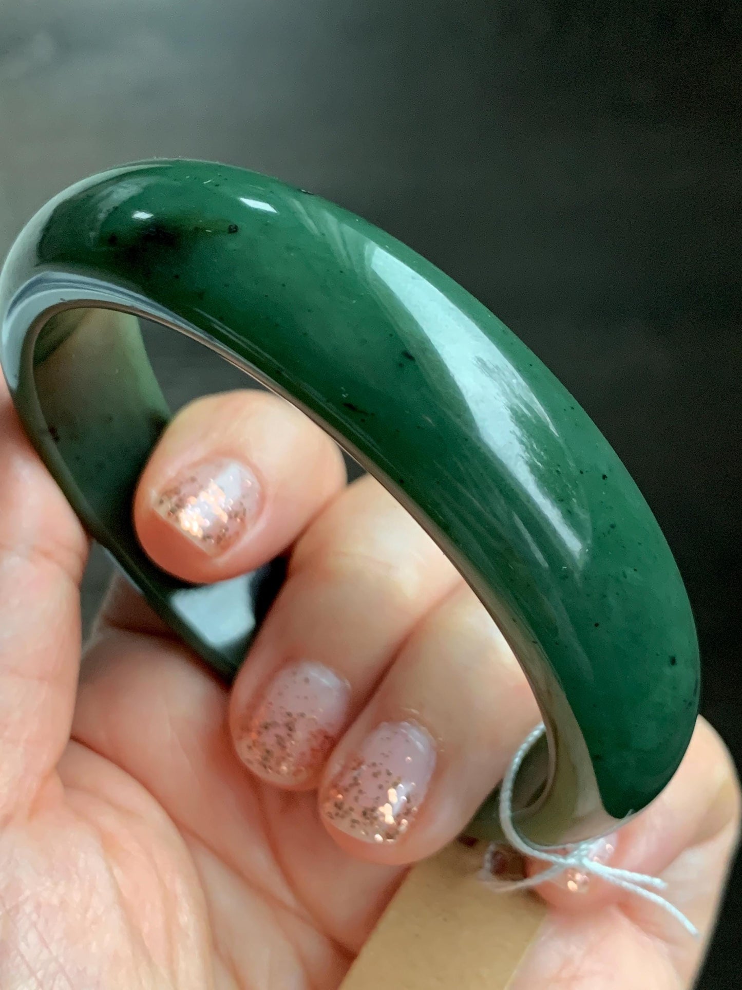 Certified Natural Nephrite Jade Translucent Dark Green Bangle Bracelet 60.1mm 7.4” 81g 天然和田玉菠菜绿轮胎宽手镯 157