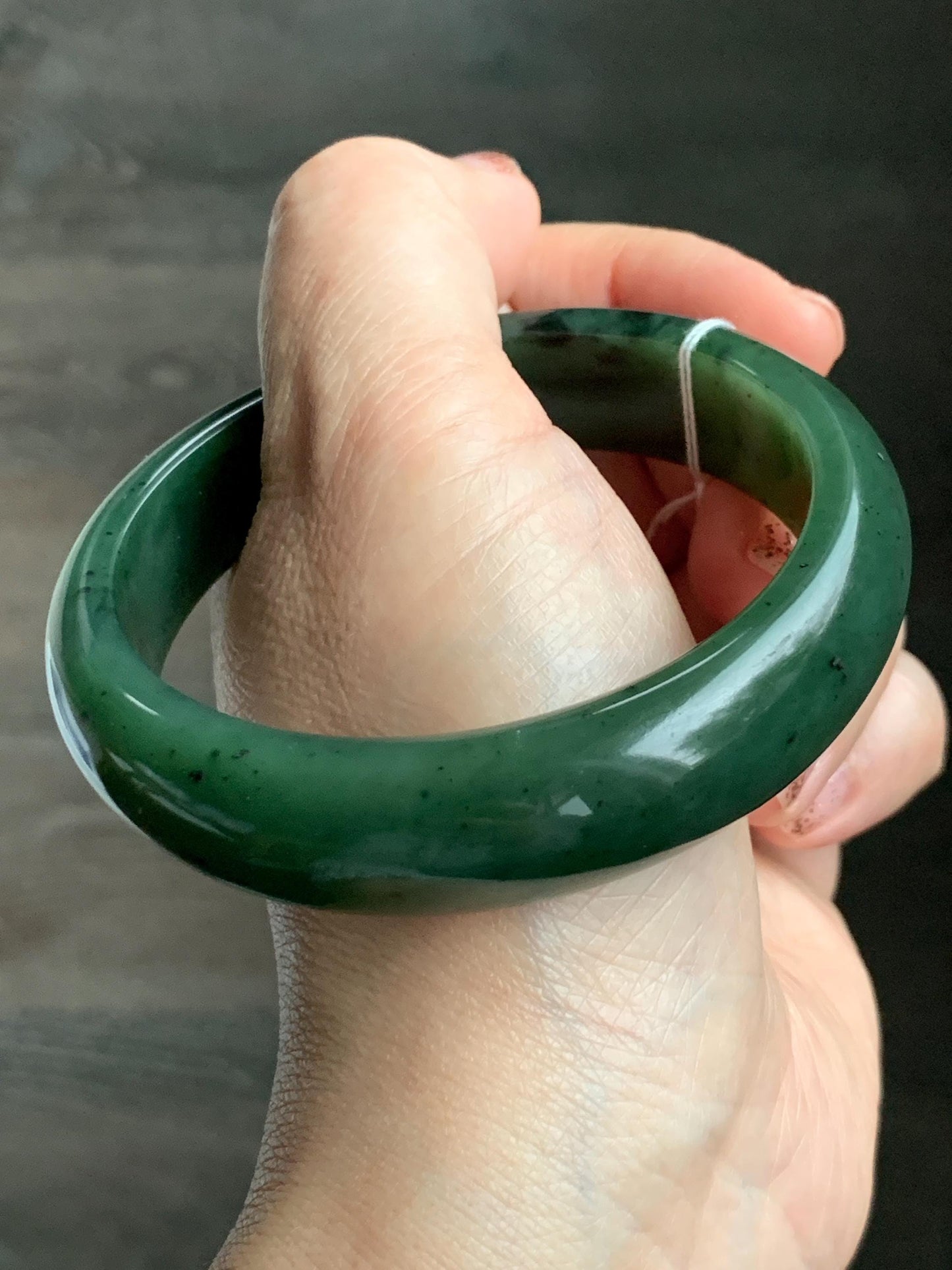 Certified Natural Nephrite Jade Translucent Dark Green Bangle Bracelet 60.1mm 7.4” 81g 天然和田玉菠菜绿轮胎宽手镯 157