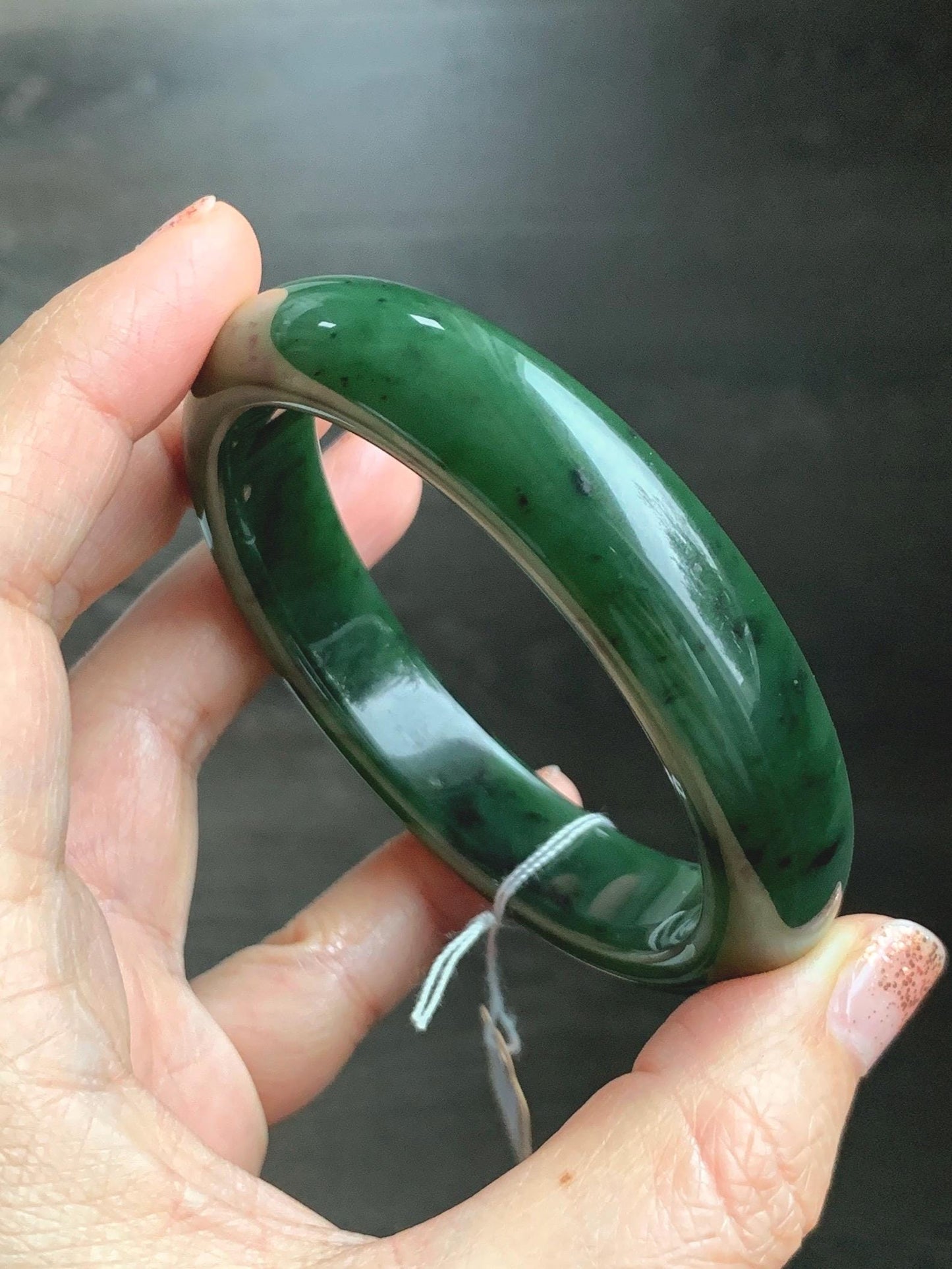 Certified Natural Nephrite Jade Translucent Dark Green Bangle Bracelet 58.7mm 7.25” 83g 天然和田玉菠菜绿轮胎宽手镯 152