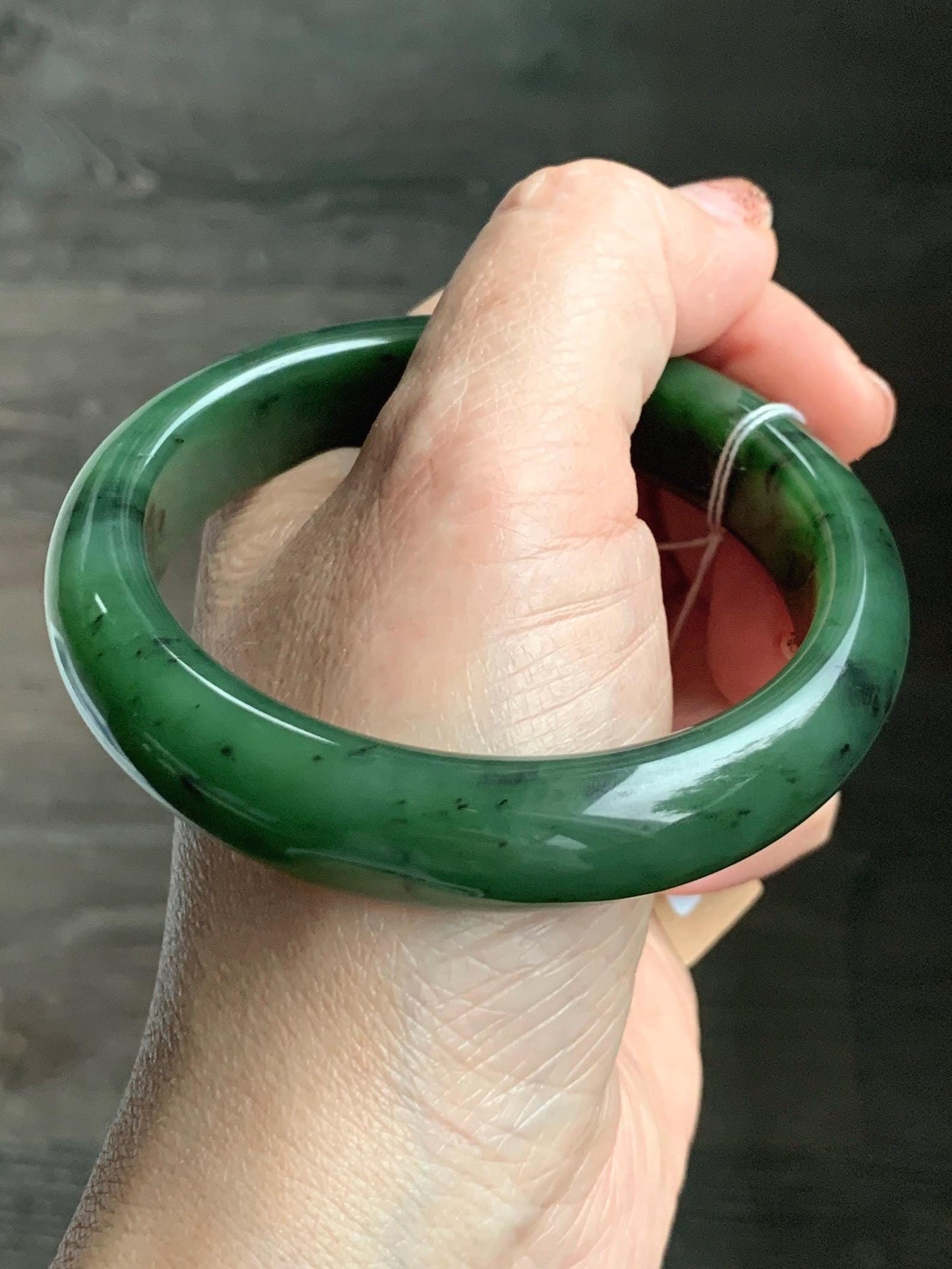 Certified Natural Nephrite Jade Translucent Dark Green Bangle Bracelet 58.7mm 7.25” 83g 天然和田玉菠菜绿轮胎宽手镯 152