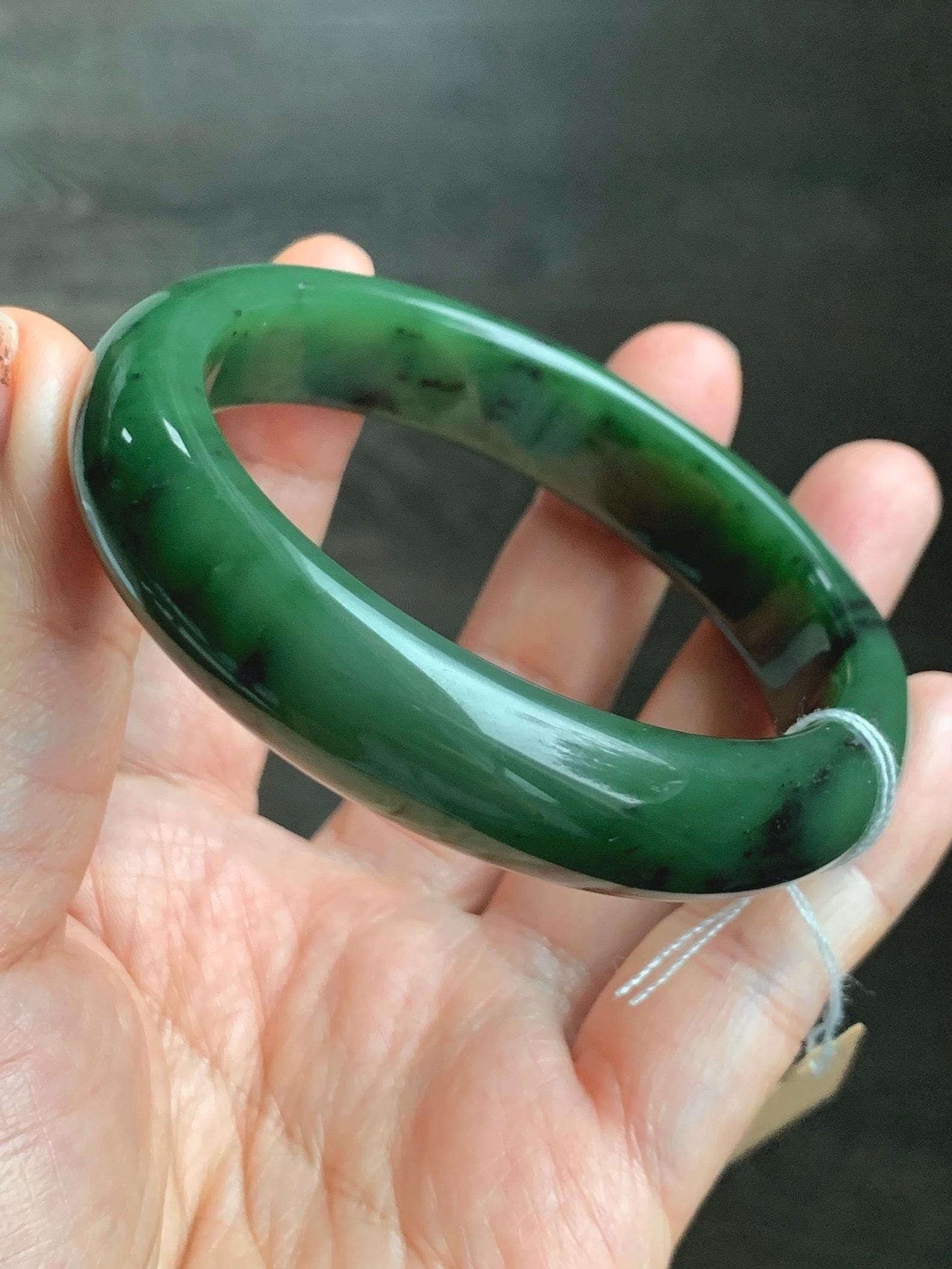 Certified Natural Nephrite Jade Translucent Dark Green Bangle Bracelet 58.7mm 7.25” 83g 天然和田玉菠菜绿轮胎宽手镯 152