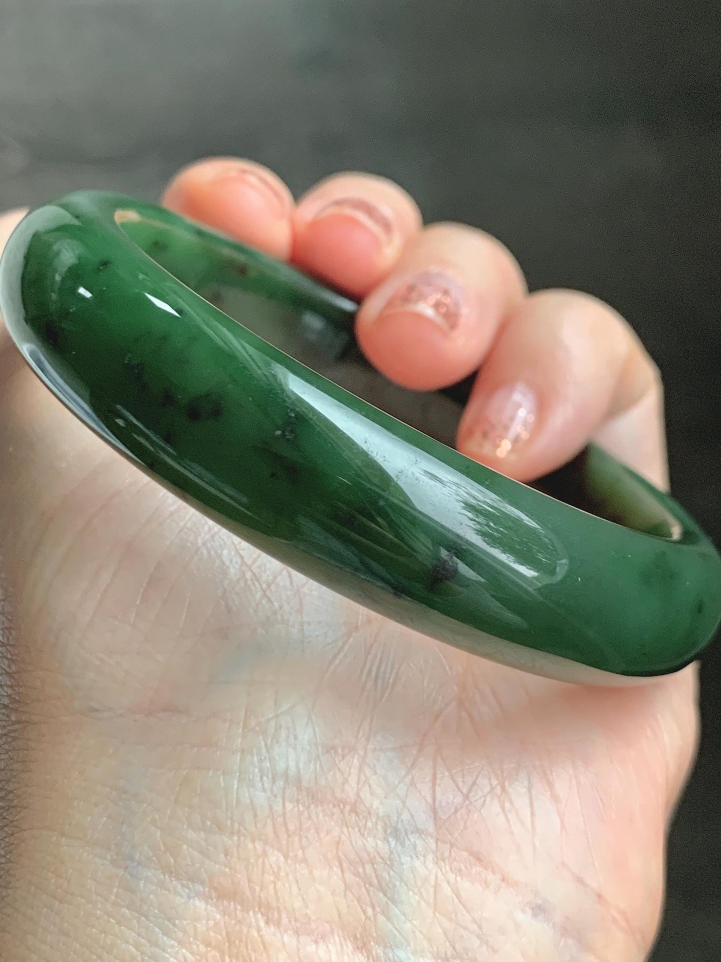 Certified Natural Nephrite Jade Translucent Dark Green Bangle Bracelet 58.7mm 7.25” 83g 天然和田玉菠菜绿轮胎宽手镯 152