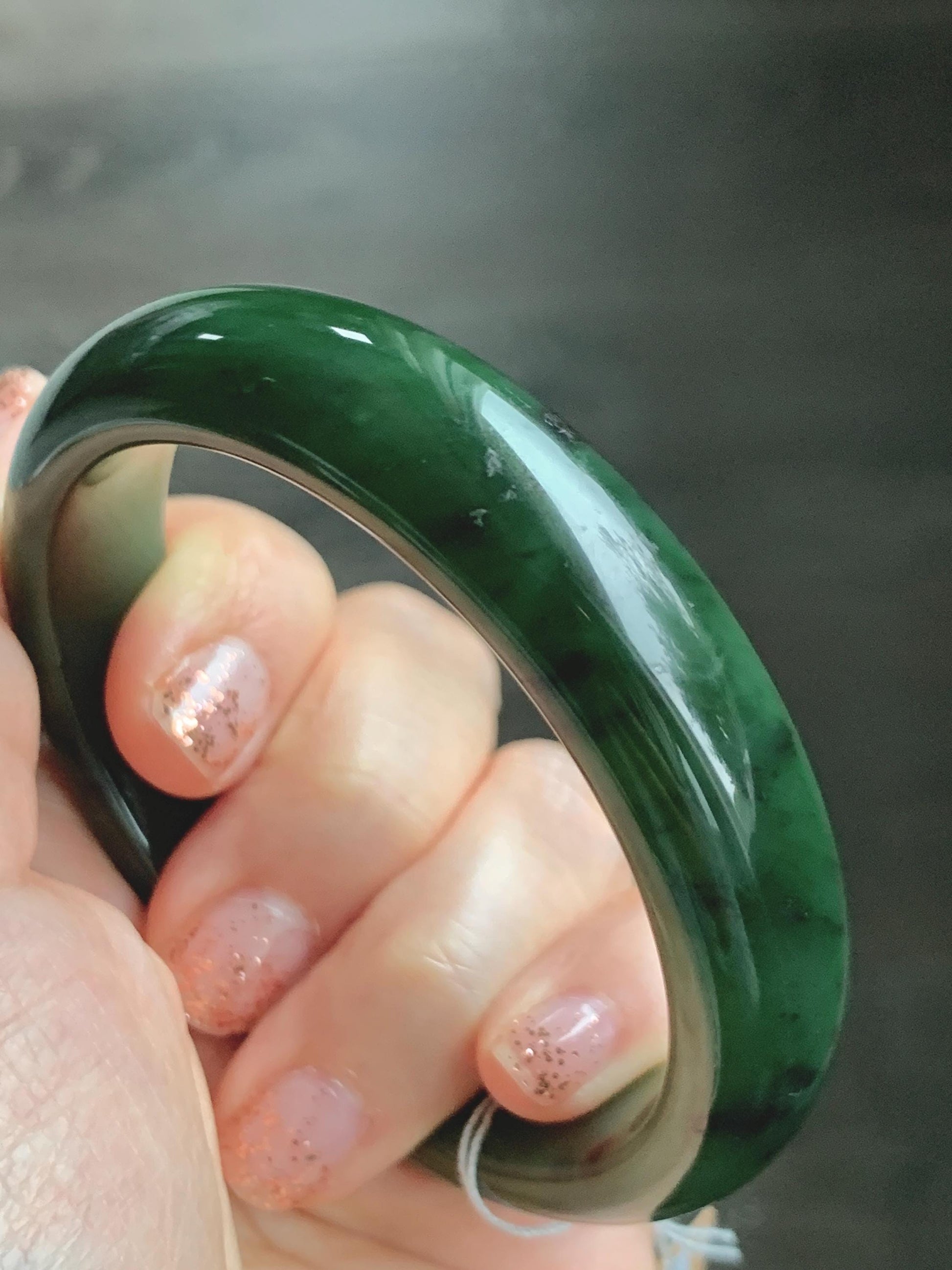 Certified Natural Nephrite Jade Translucent Dark Green Bangle Bracelet 58.7mm 7.25” 83g 天然和田玉菠菜绿轮胎宽手镯 152