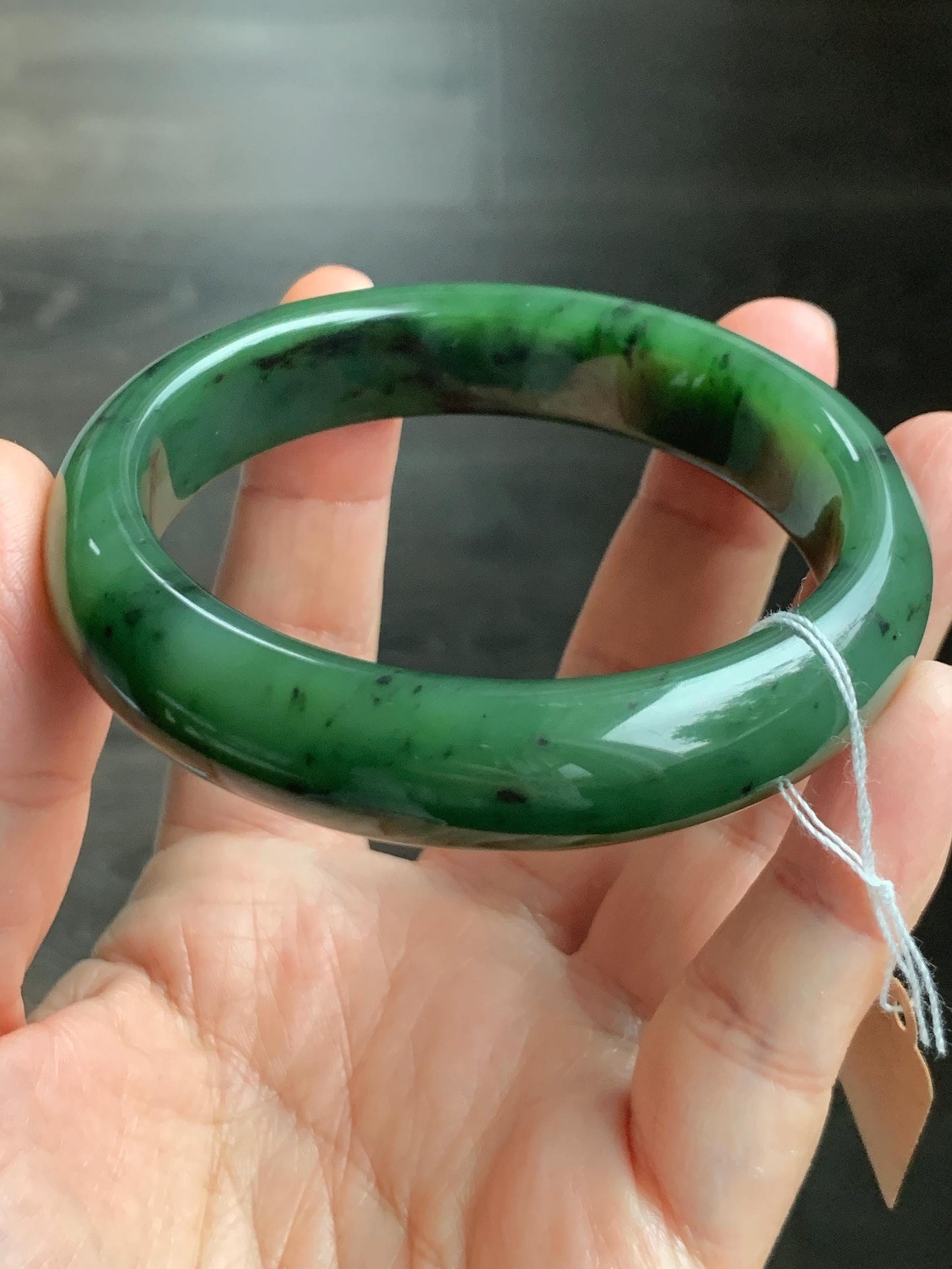 Certified Natural Nephrite Jade Translucent Dark Green Bangle Bracelet 58.7mm 7.25” 83g 天然和田玉菠菜绿轮胎宽手镯 152