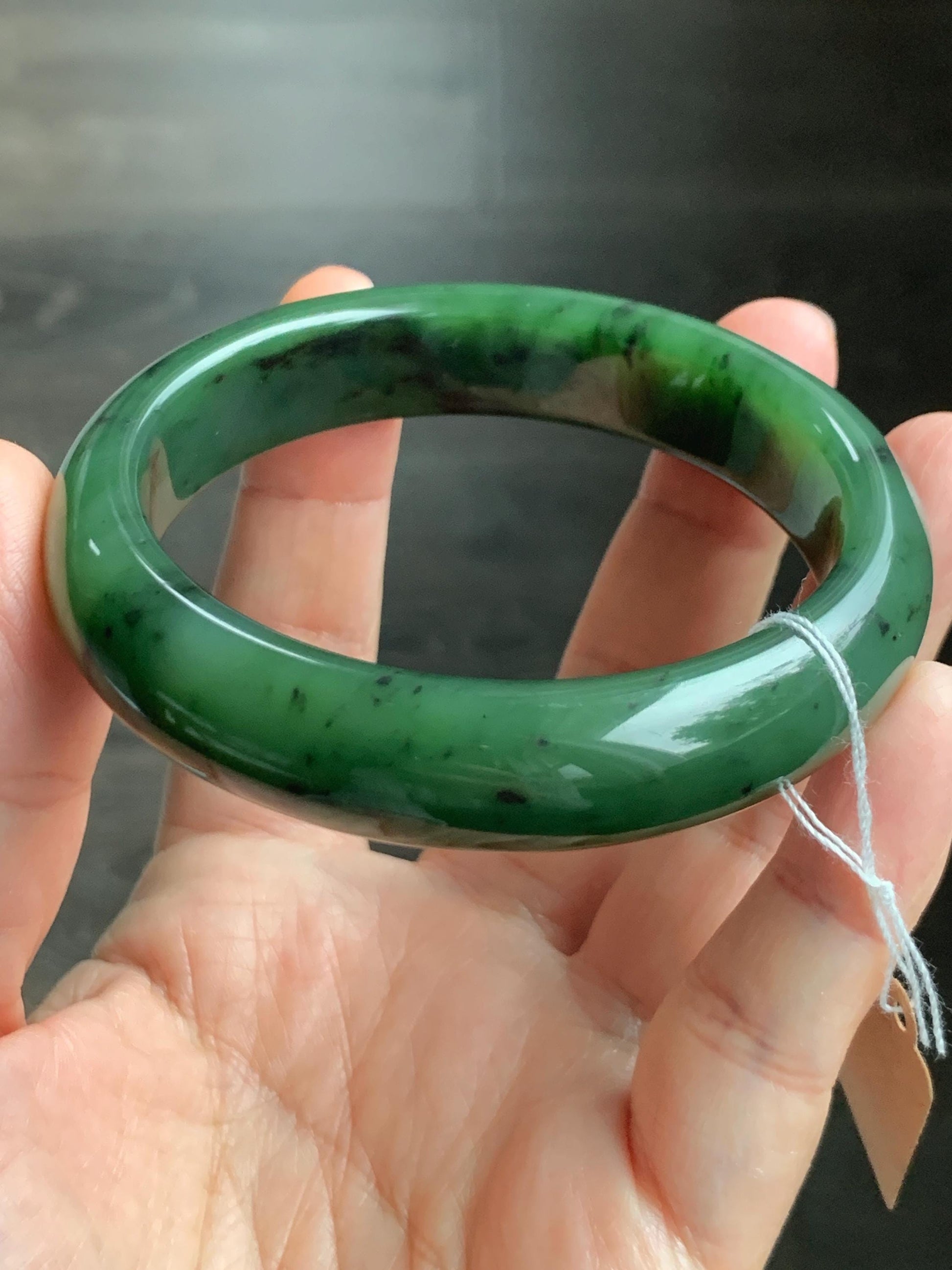 Certified Natural Nephrite Jade Translucent Dark Green Bangle Bracelet 58.7mm 7.25” 83g 天然和田玉菠菜绿轮胎宽手镯 152