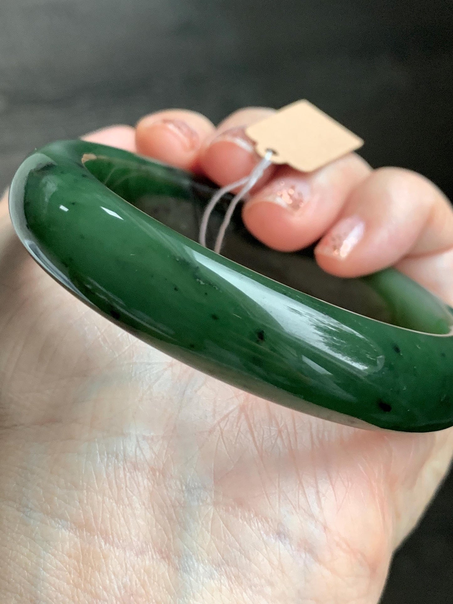 Certified Natural Nephrite Jade Translucent Dark Green Bangle Bracelet 58.7mm 7.25” 83g 天然和田玉菠菜绿轮胎宽手镯 152