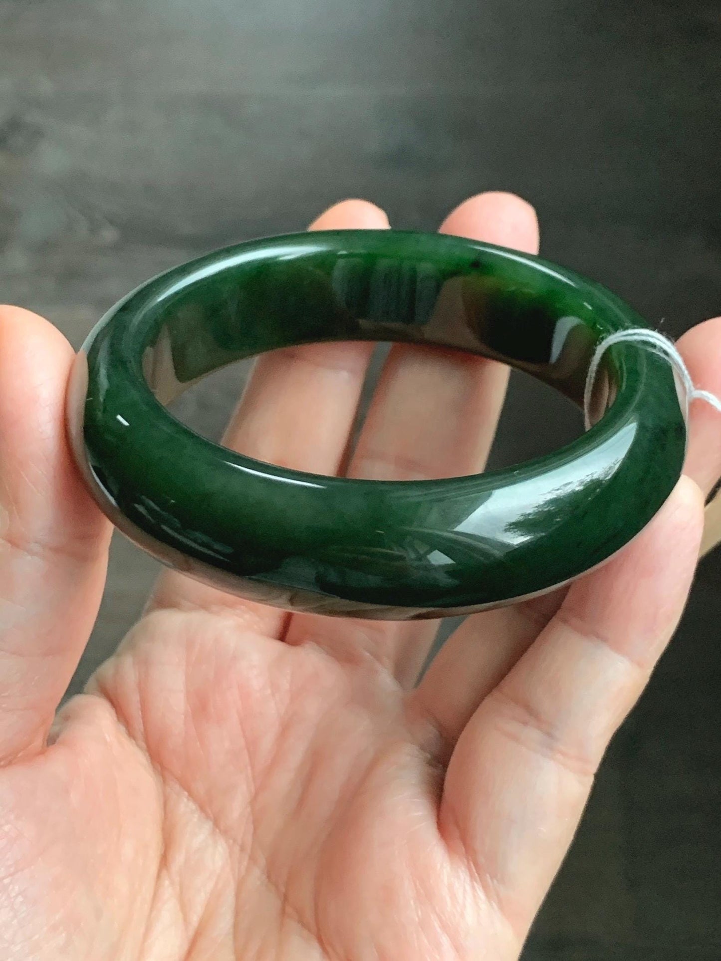 Certified Natural Nephrite Jade Translucent Dark Green Bangle Bracelet 53.94mm 6.66” 70g 天然和田玉菠菜绿轮胎宽手镯 146