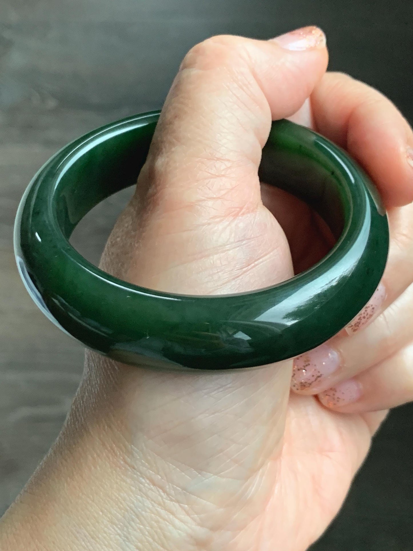 Certified Natural Nephrite Jade Translucent Dark Green Bangle Bracelet 53.94mm 6.66” 70g 天然和田玉菠菜绿轮胎宽手镯 146