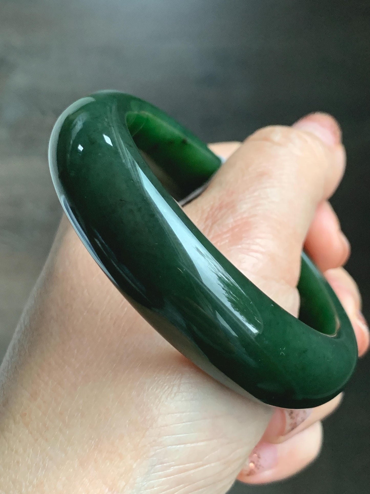 Certified Natural Nephrite Jade Translucent Dark Green Bangle Bracelet 53.94mm 6.66” 70g 天然和田玉菠菜绿轮胎宽手镯 146